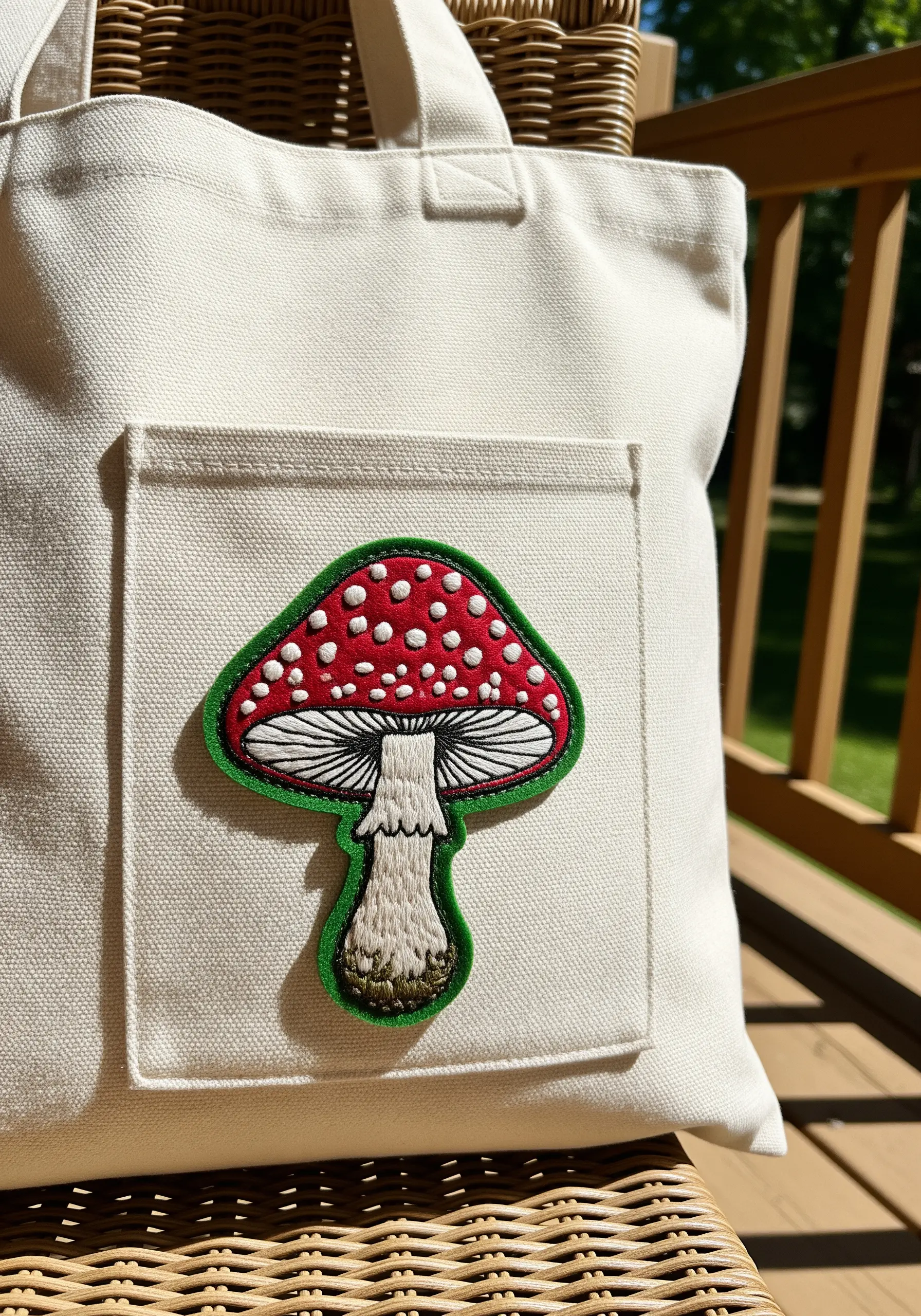 Embroidered red and white Amanita mushroom patch with a thick green border on a canvas tote.