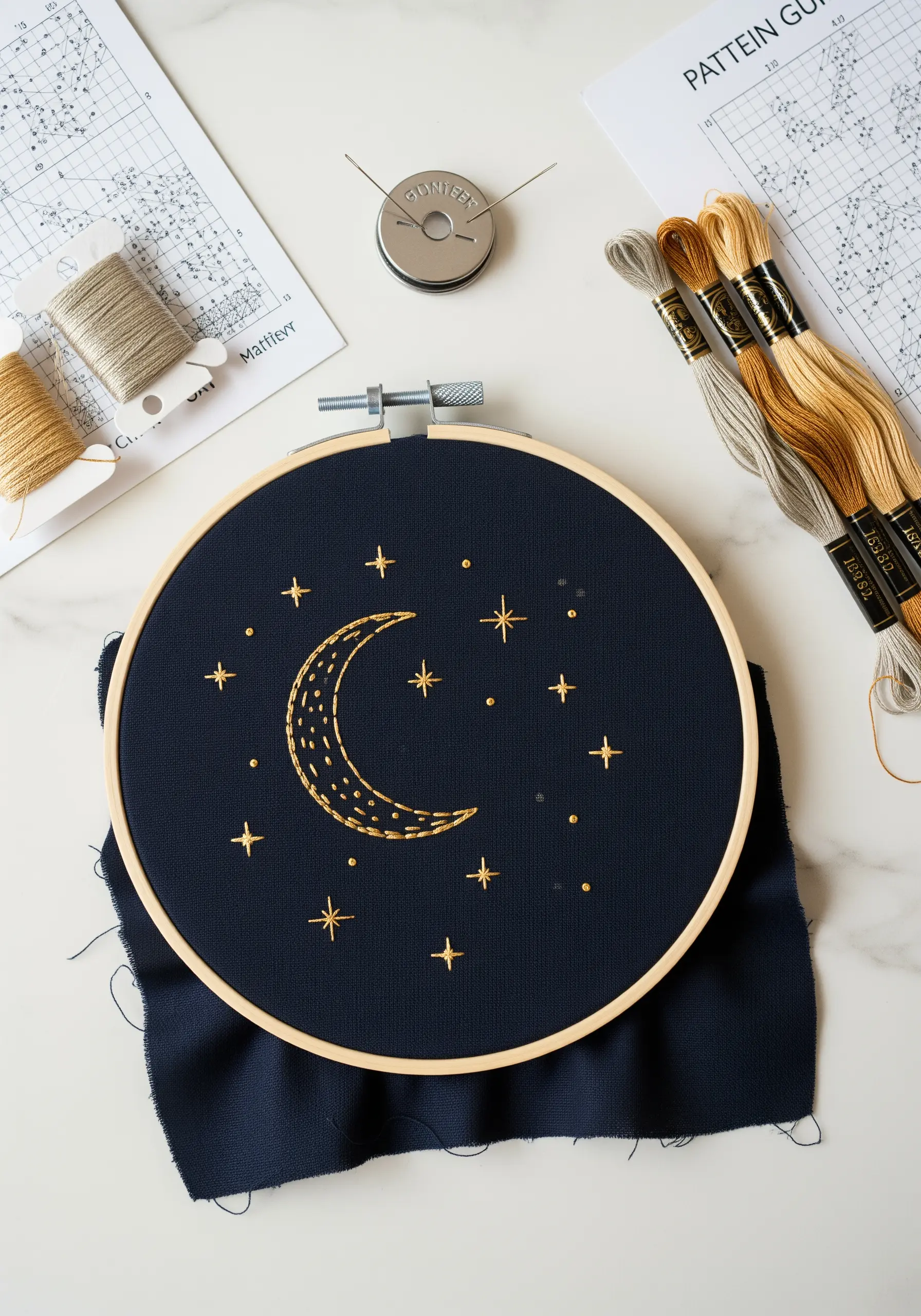 Gold metallic thread embroidery of a crescent moon and stars on dark navy fabric.
