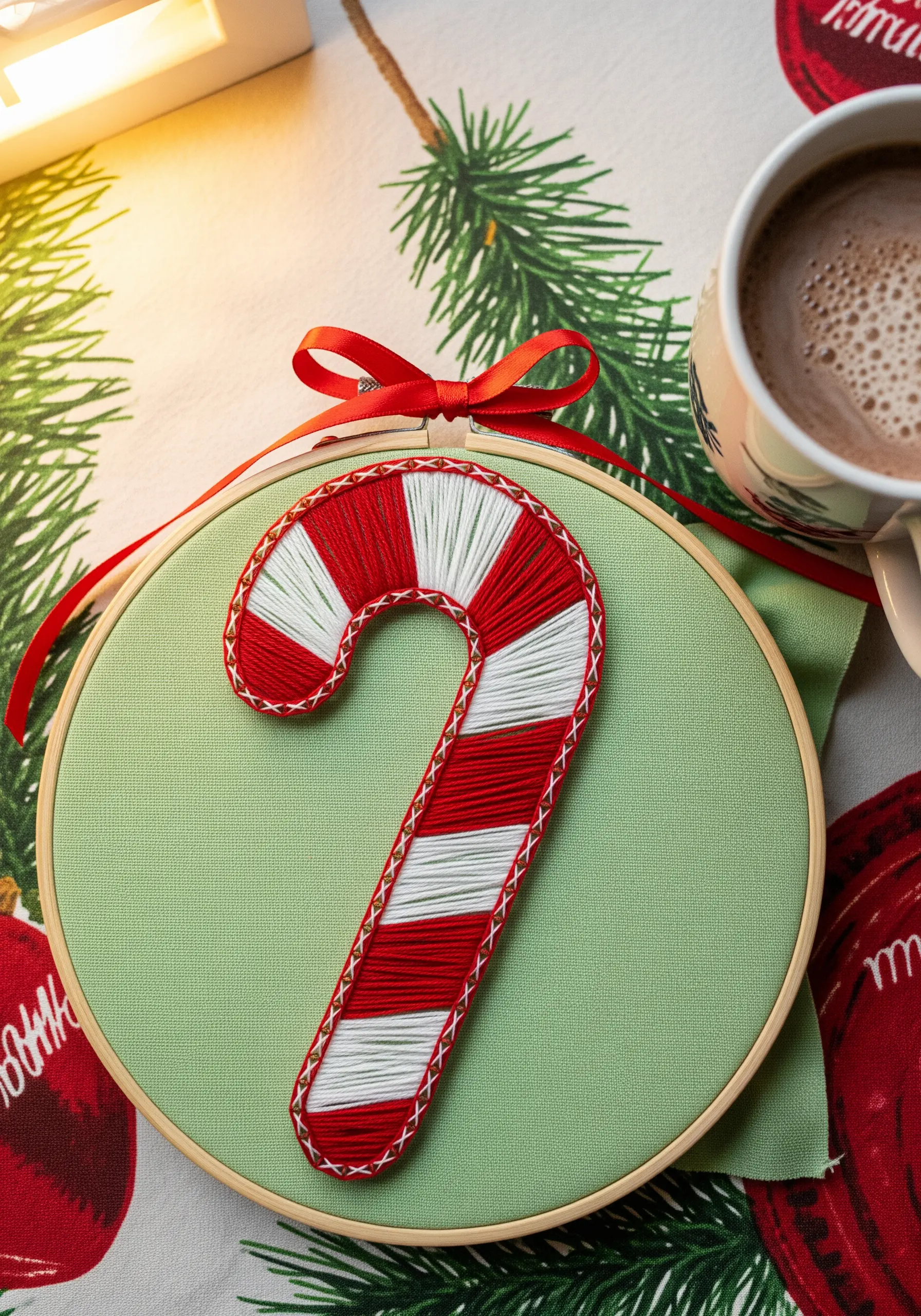String art candy cane with red and white stripes outlined in red cross stitch.
