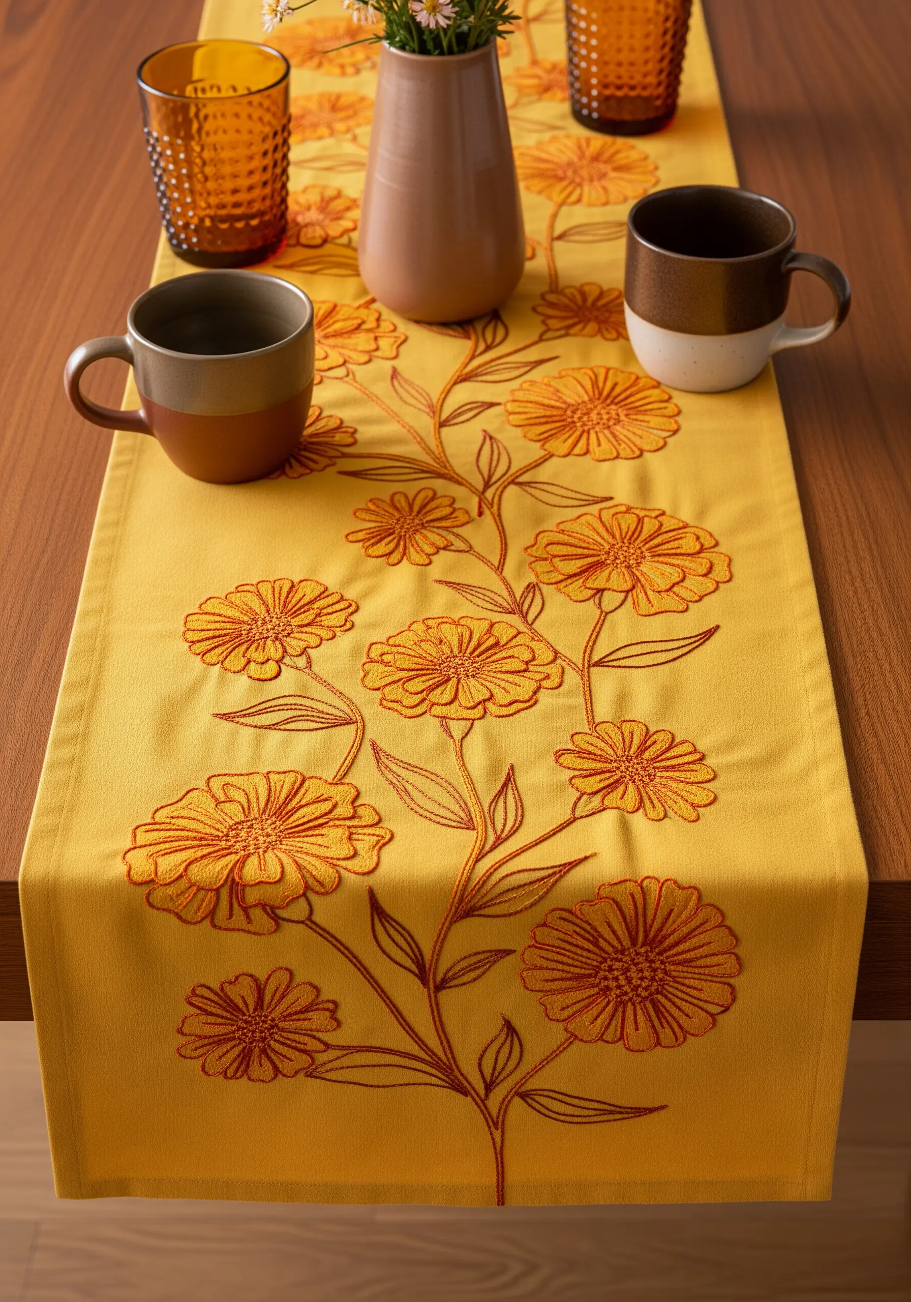 Retro-style marigolds embroidered in two tones of orange on a yellow table runner.