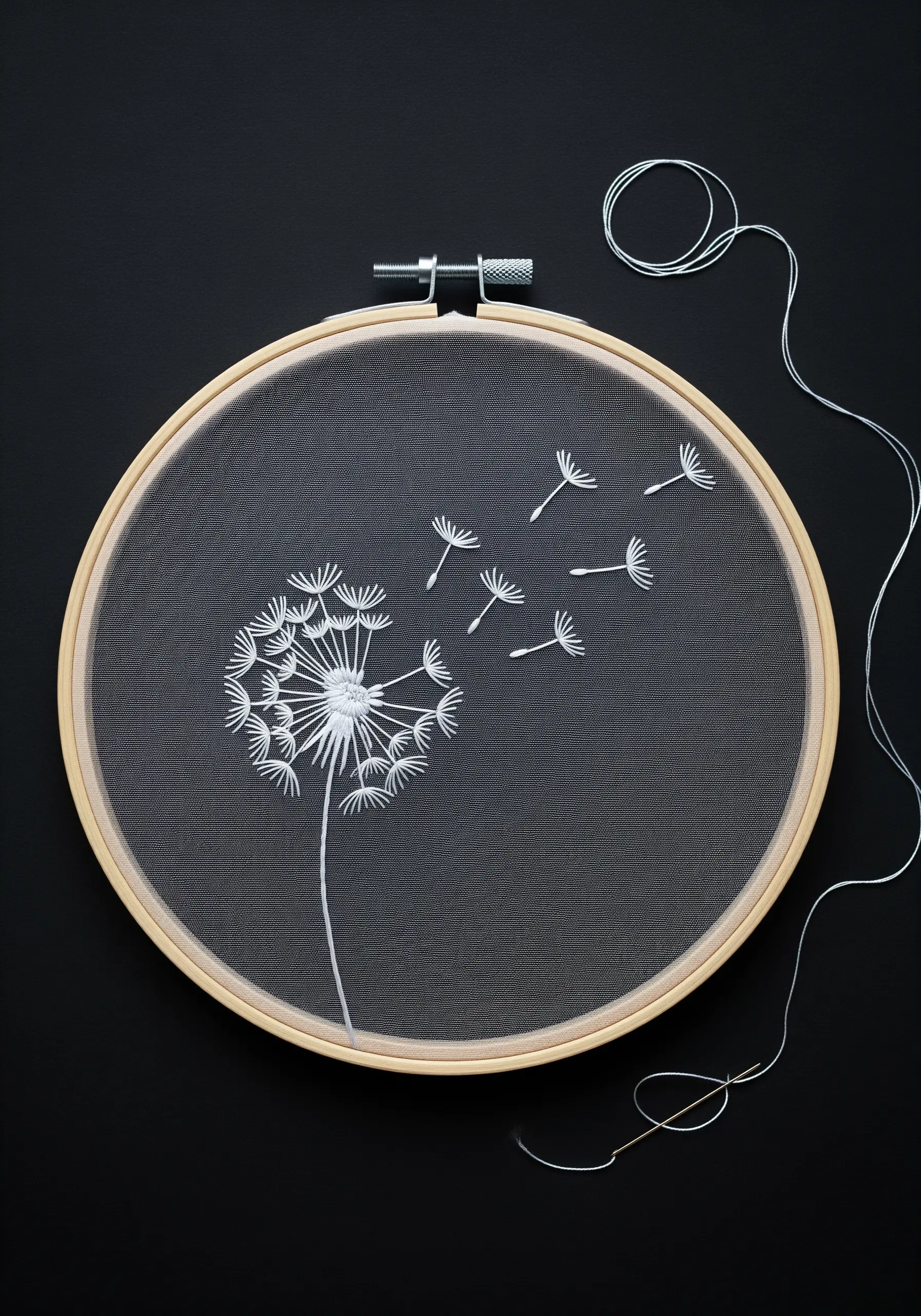 A white dandelion with seeds blowing in the wind, embroidered on sheer black tulle.