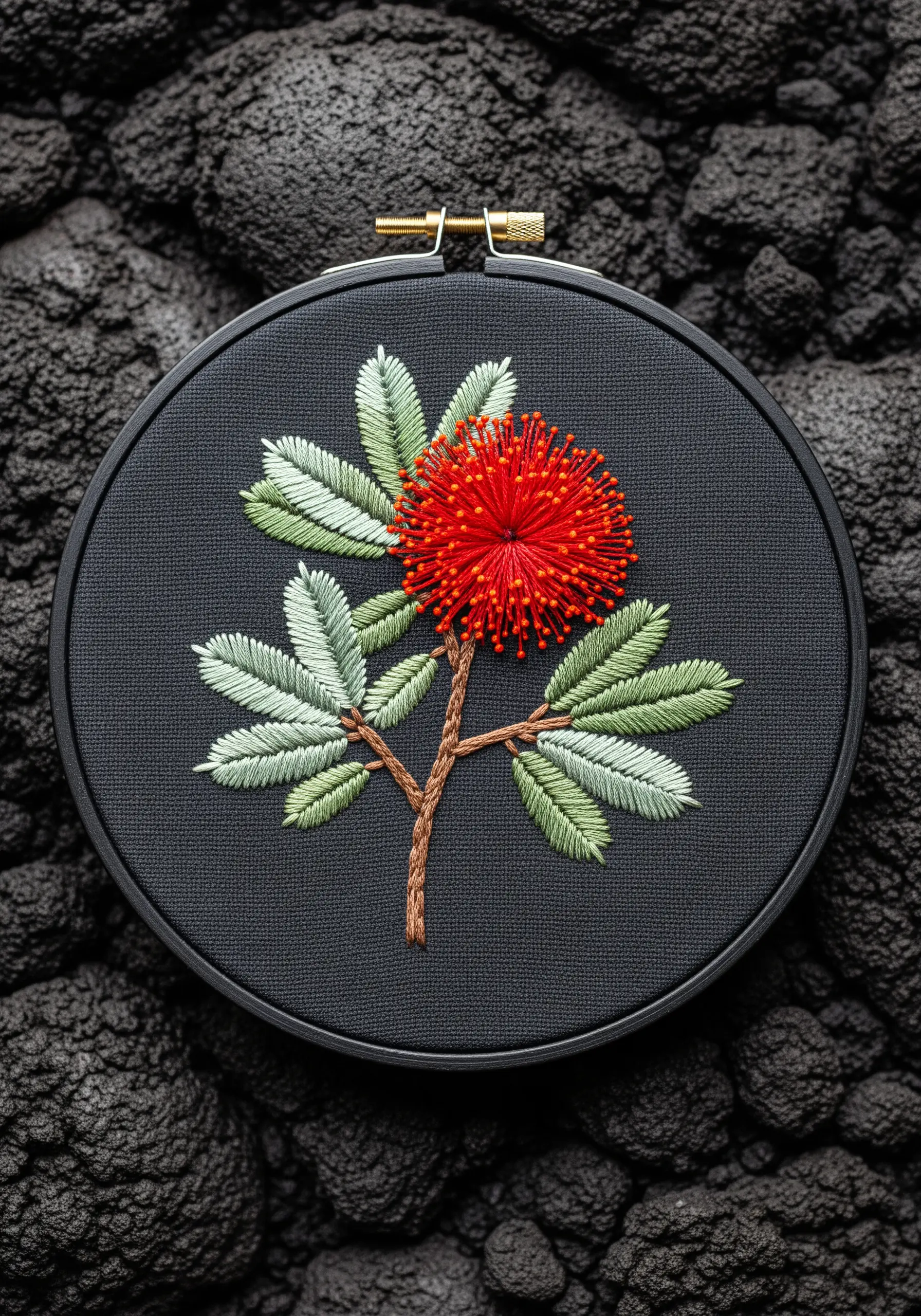 Embroidery of a vibrant red Pōhutukawa flower with fluffy stamens on black fabric.