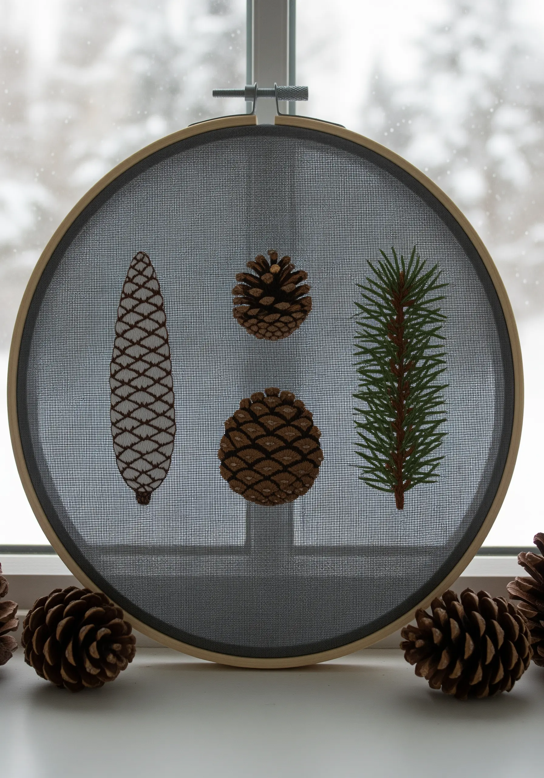 Pinecones and a pine branch embroidered on a sheer mesh screen inside a hoop.
