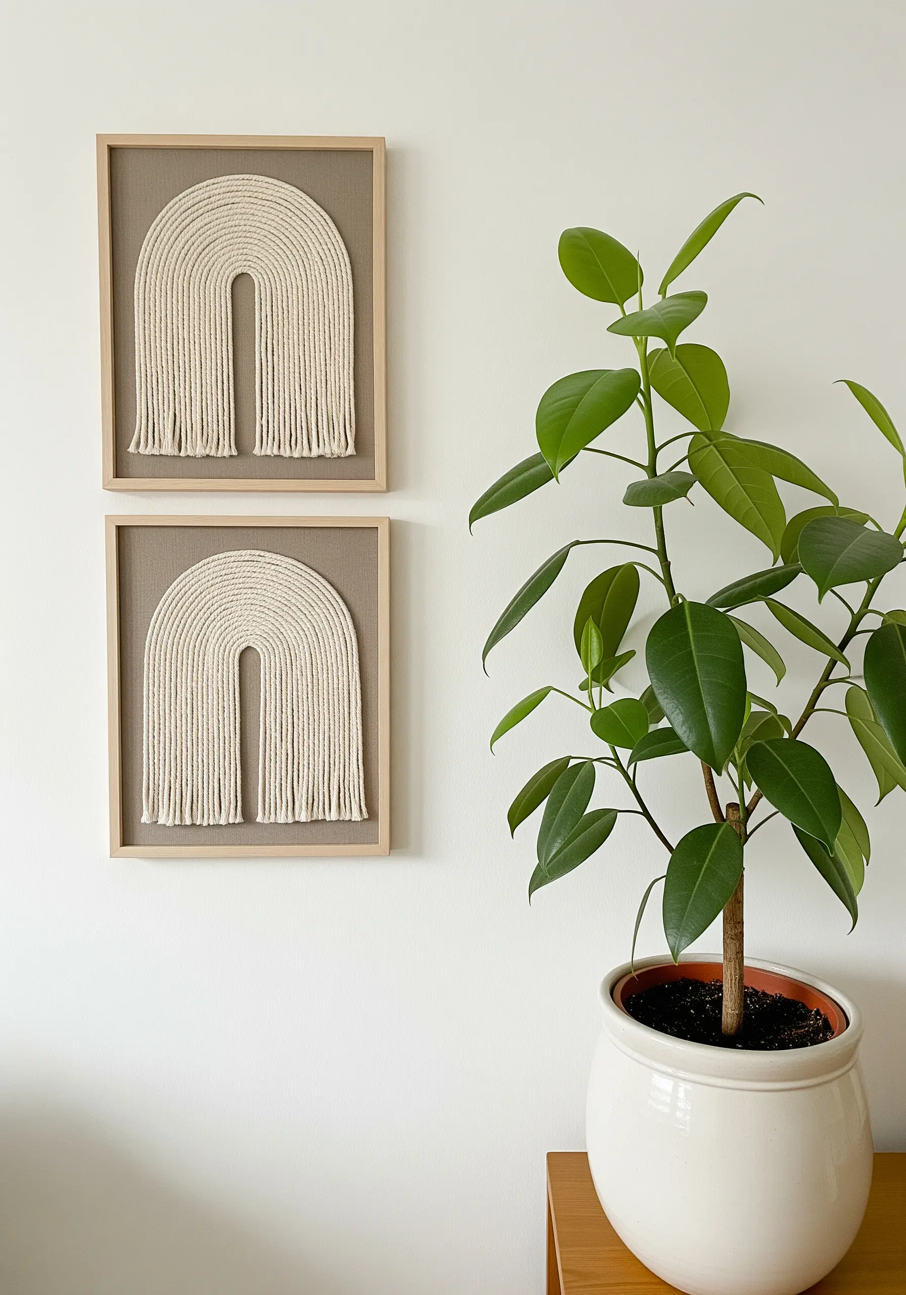 Two framed art pieces with rainbow shapes made of vanilla-colored yarn fringe.
