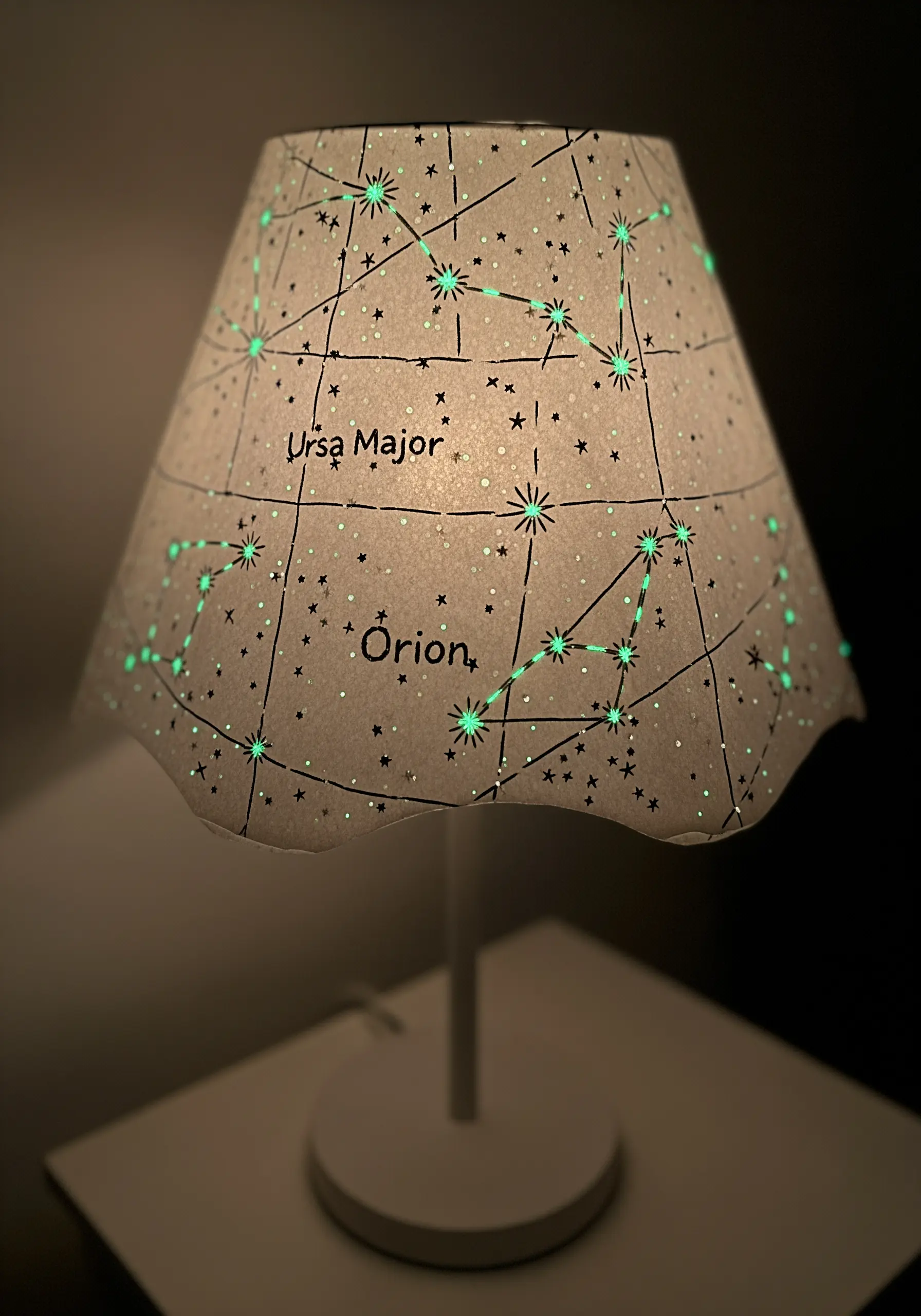 A paper lampshade with constellations stitched in glow-in-the-dark thread.