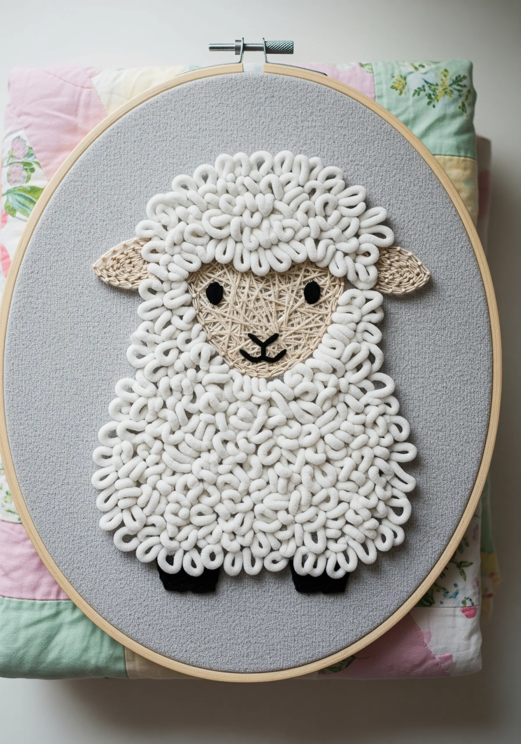 Textural sheep embroidery art made with fluffy, white looped stitches on gray fabric.