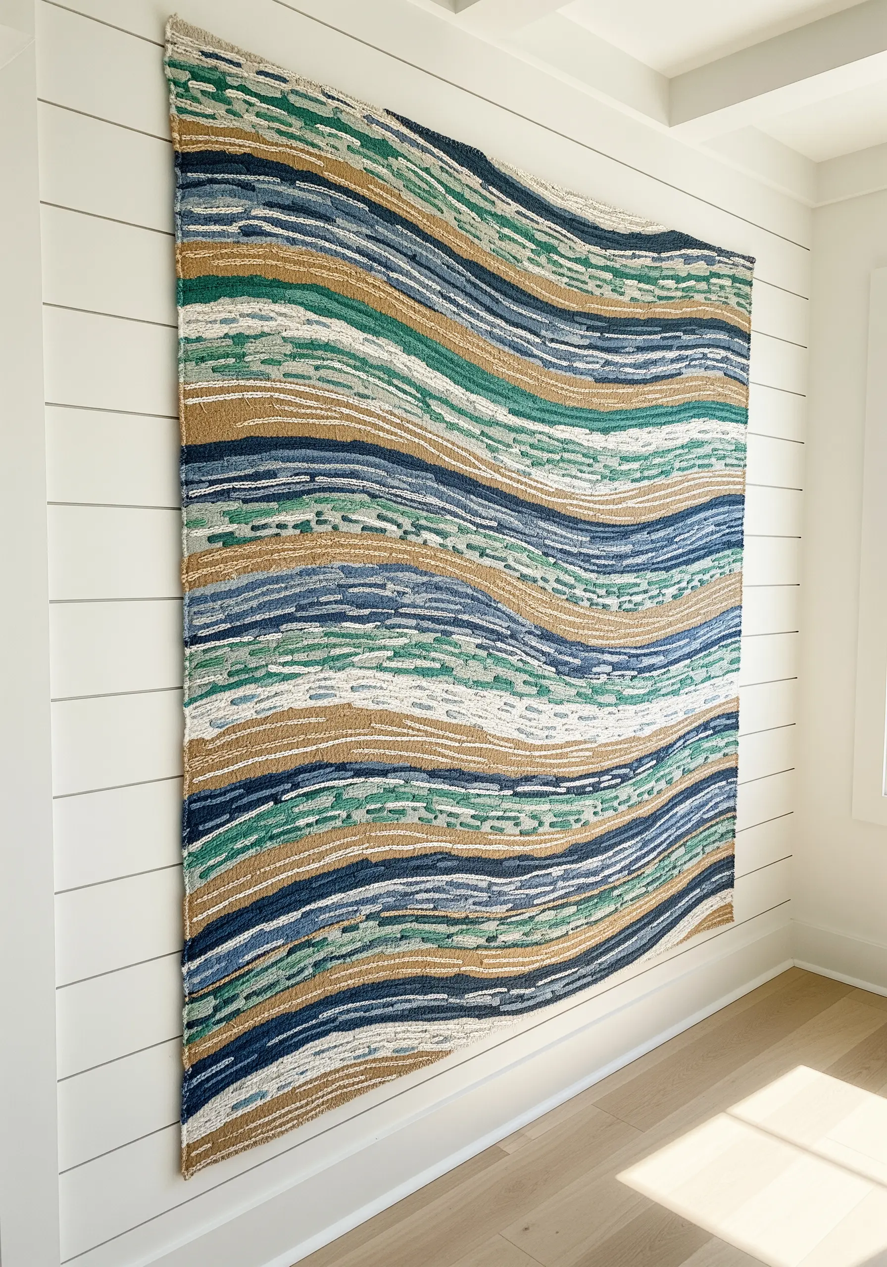 A large woven wall hanging with horizontal stripes in shades of green, blue, and sand.