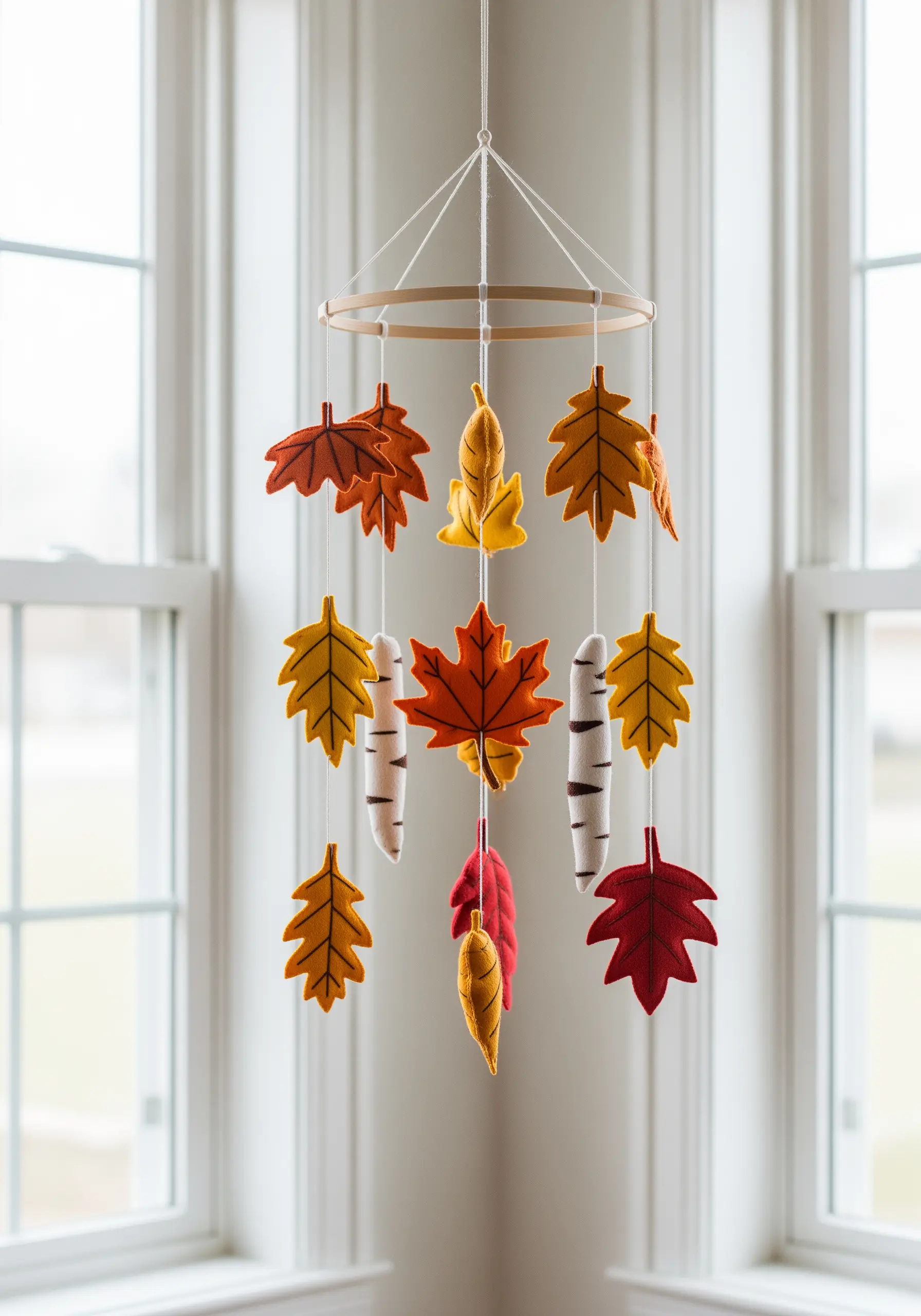 A nursery mobile made of stuffed felt autumn leaves with simple embroidered veins.