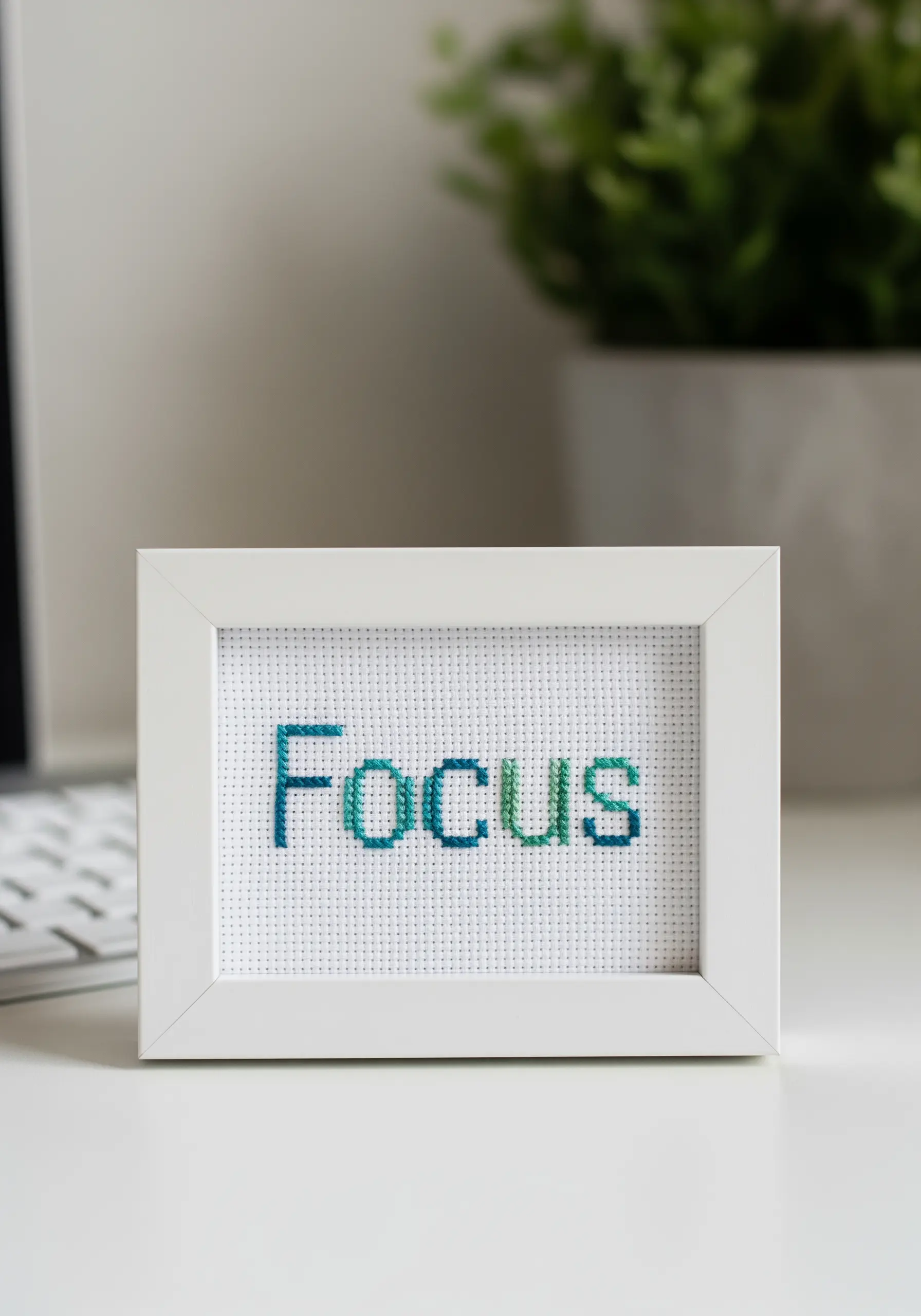 The word 'Focus' in cross-stitch using a blue-green variegated thread, in a white frame.