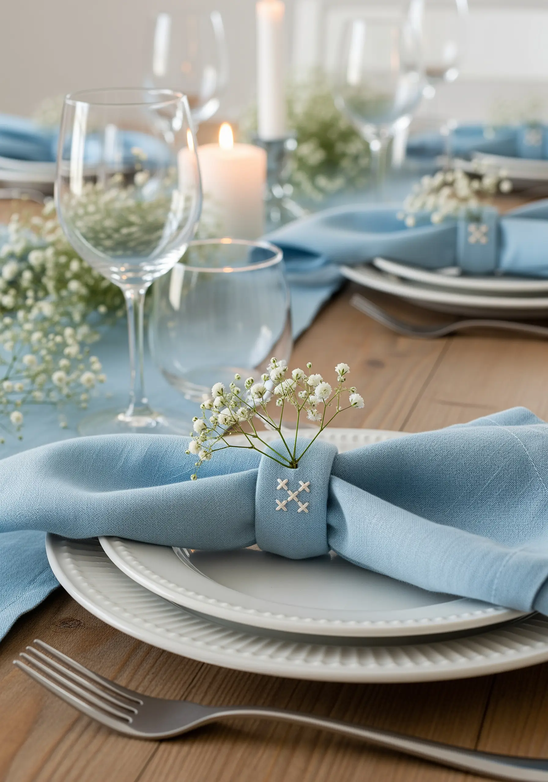Blue linen napkin ring with three white embroidered cross-stitches holding a sprig of baby's breath.