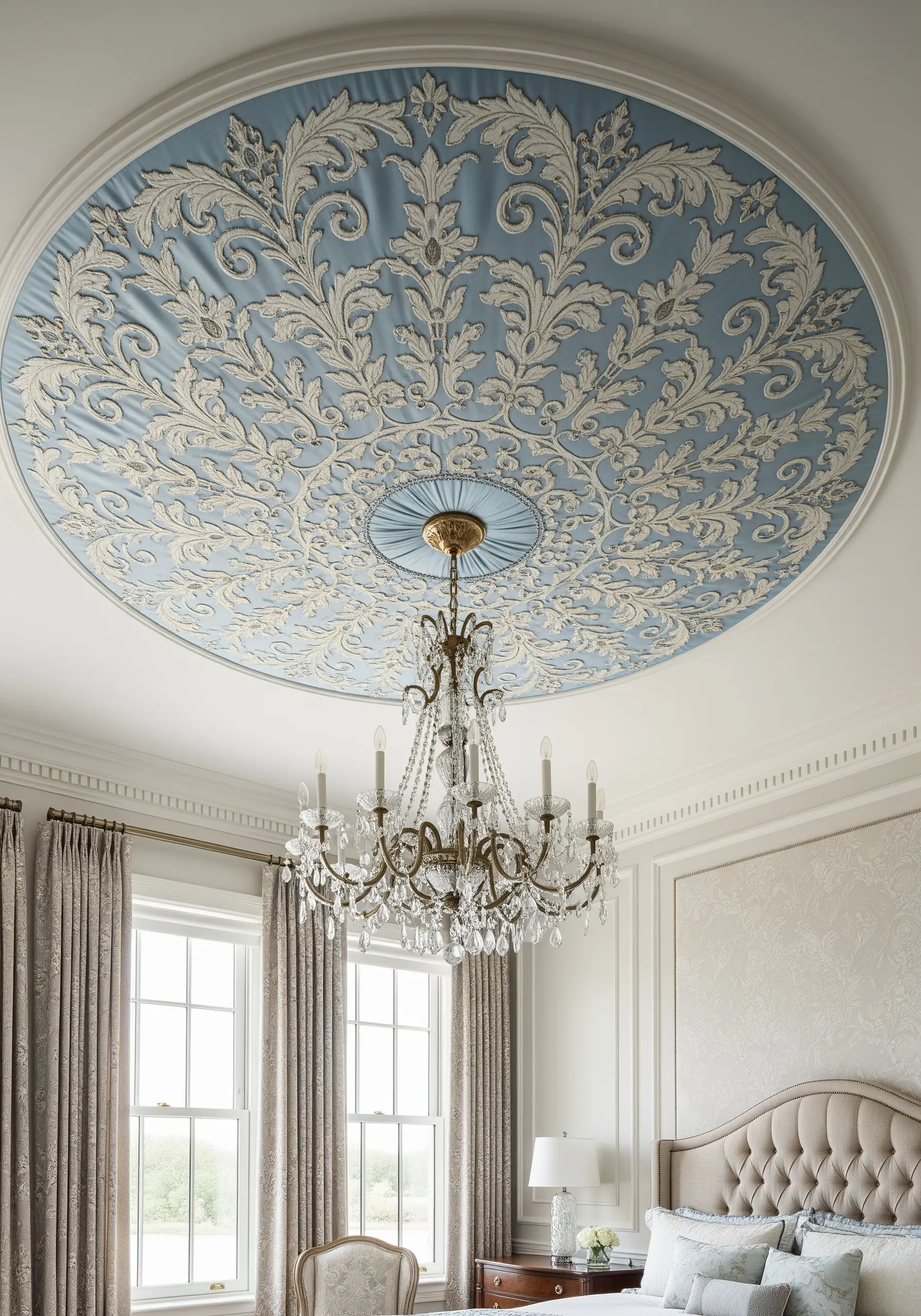 An ornate, embroidered ceiling medallion in blue and white surrounding a chandelier.