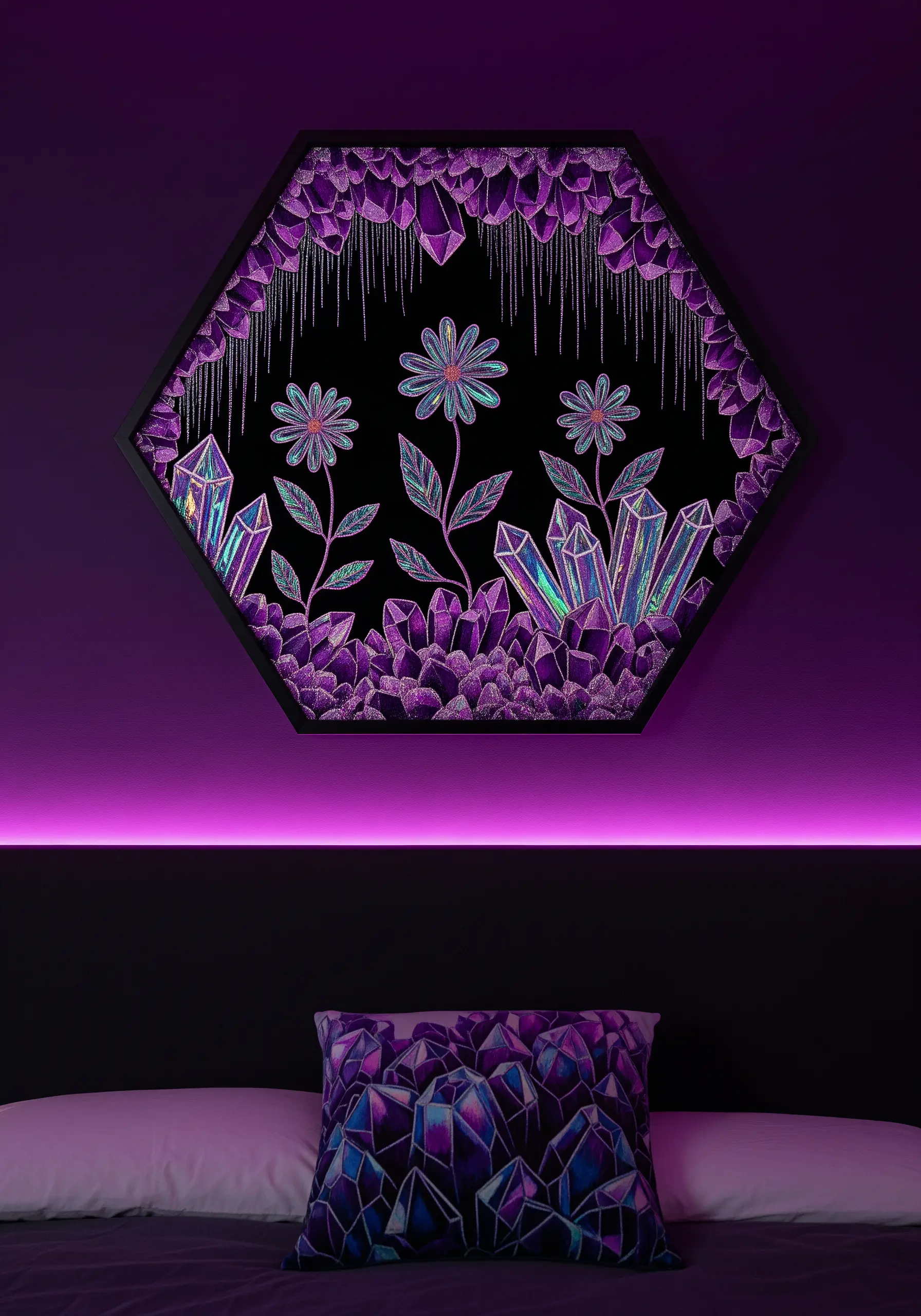 Hexagonal framed embroidery of iridescent flowers surrounded by purple and blue crystal formations.