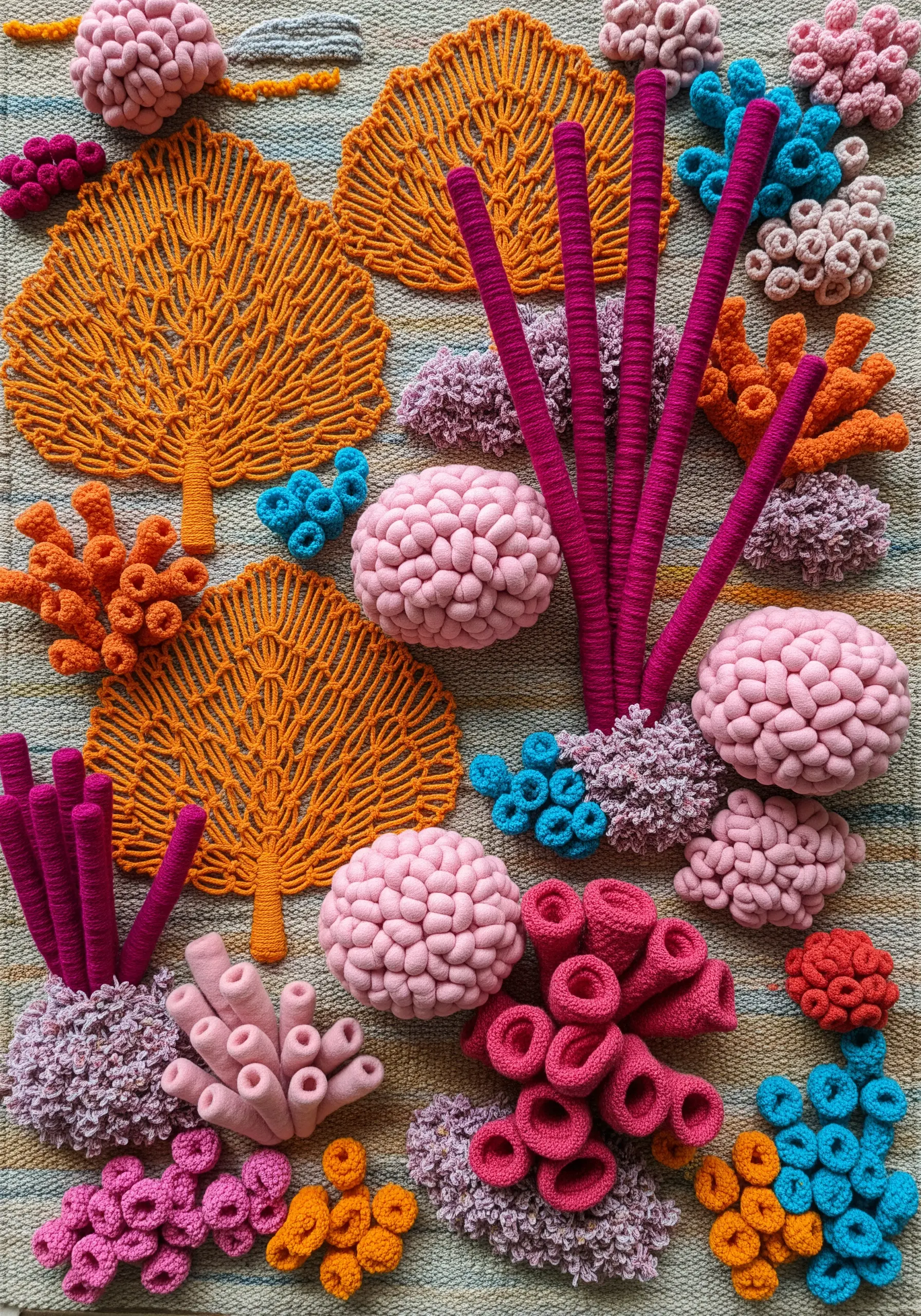A vibrant, 3D fiber art coral reef with crocheted and knitted forms in pink and orange.