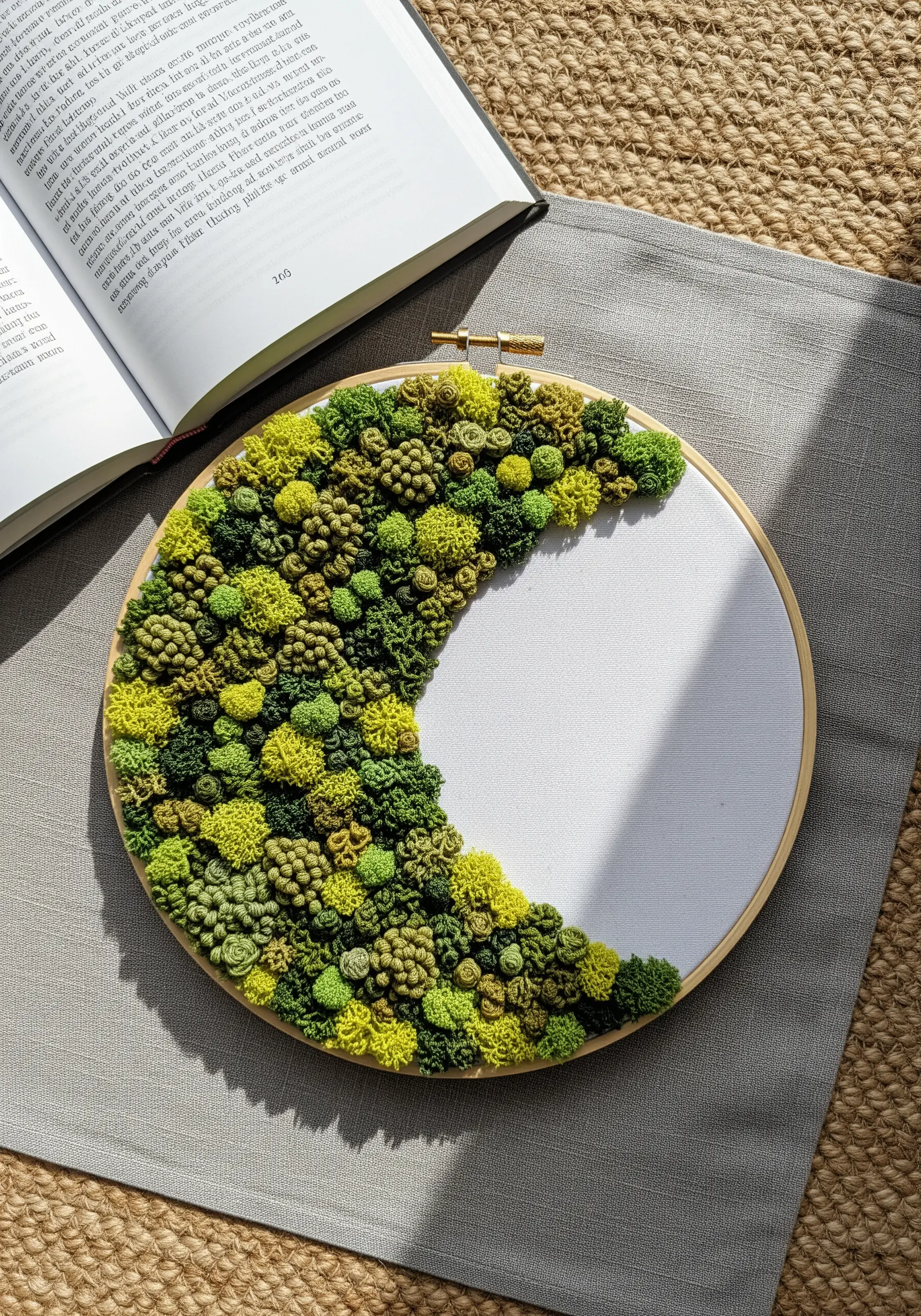 A crescent shape on an embroidery hoop filled with dense green French knots.