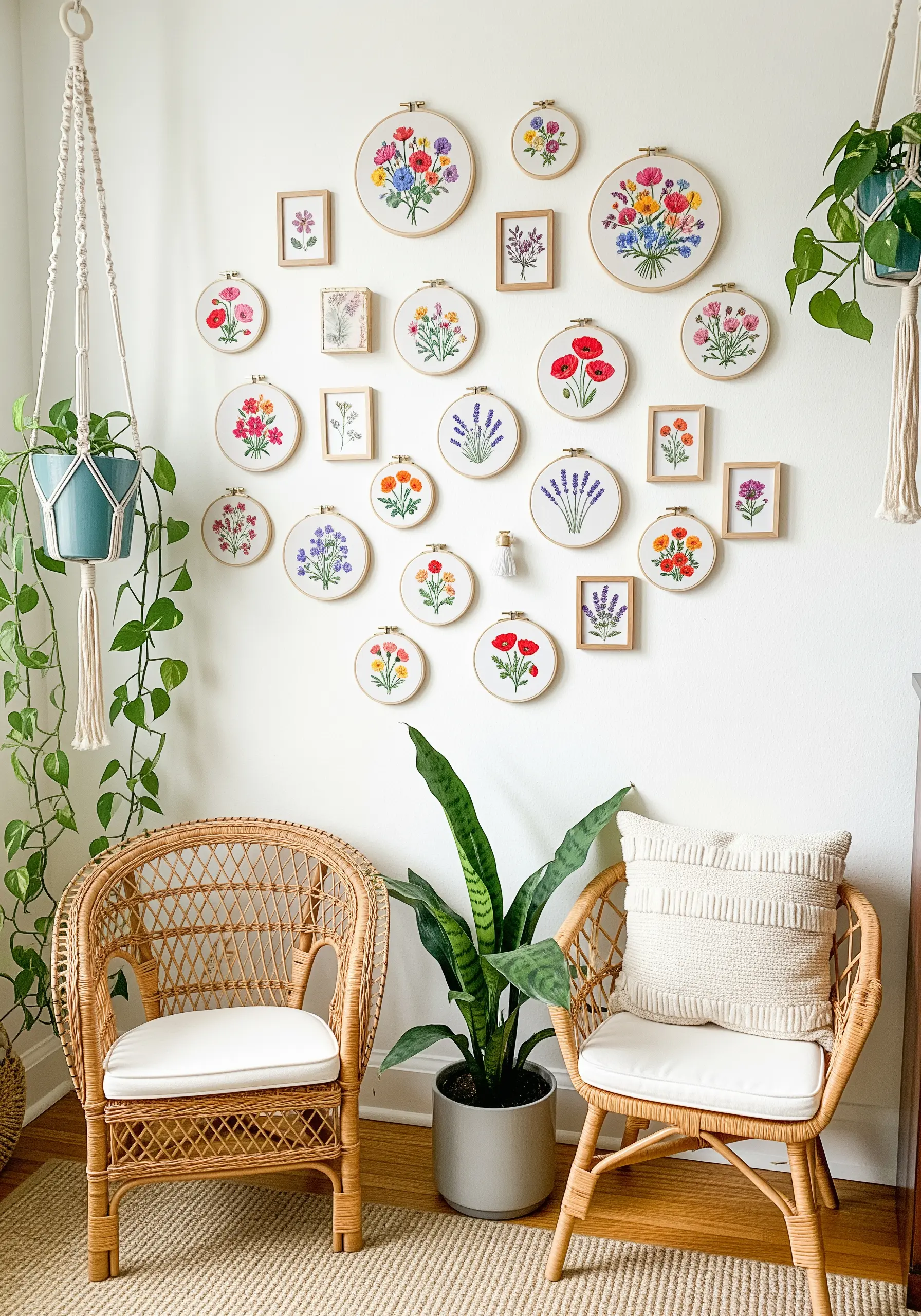 A gallery wall of floral embroidery in various hoops and frames, featuring different flower types.