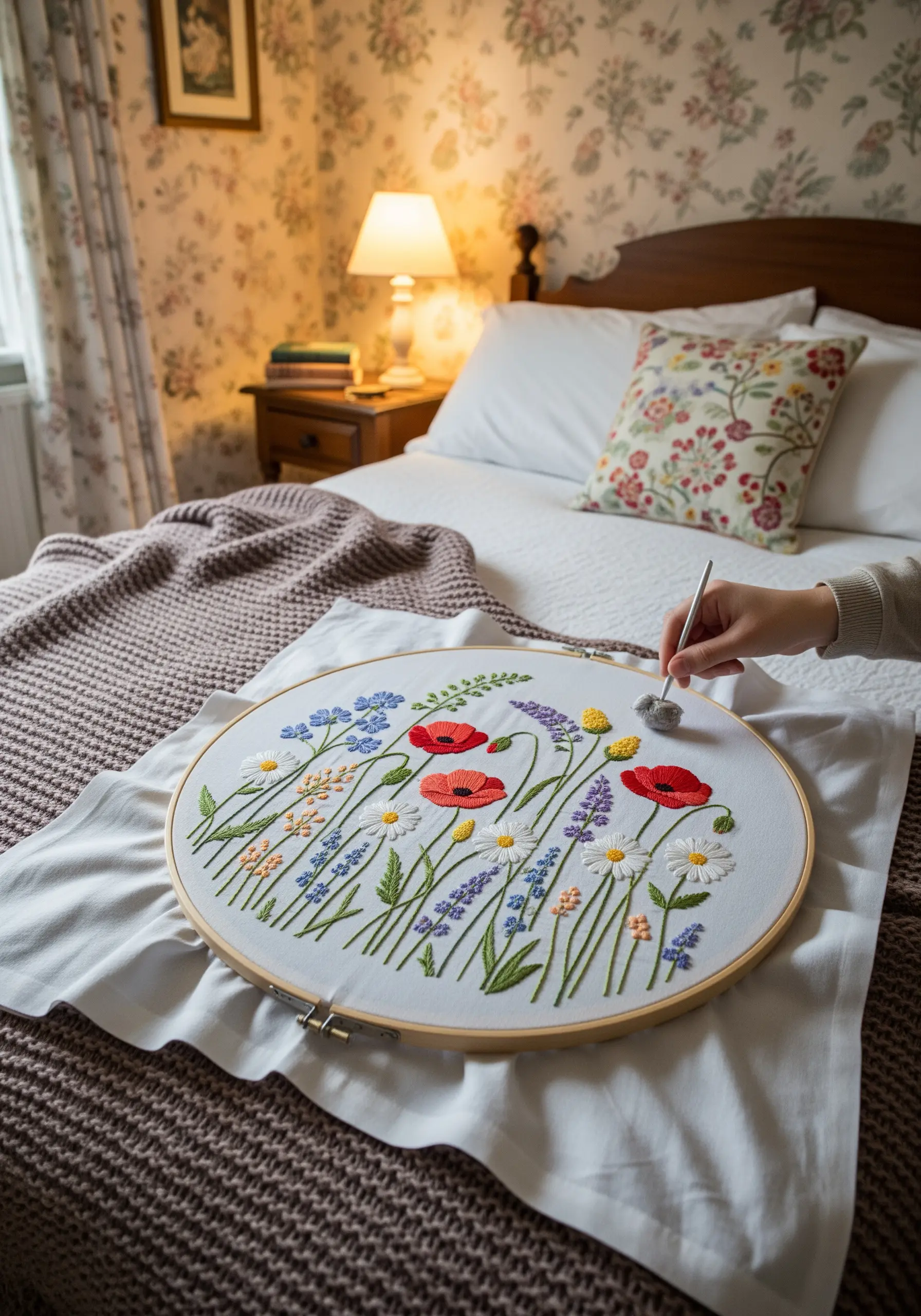A large embroidery hoop filled with a colorful meadow of poppies, daisies, and lavender.
