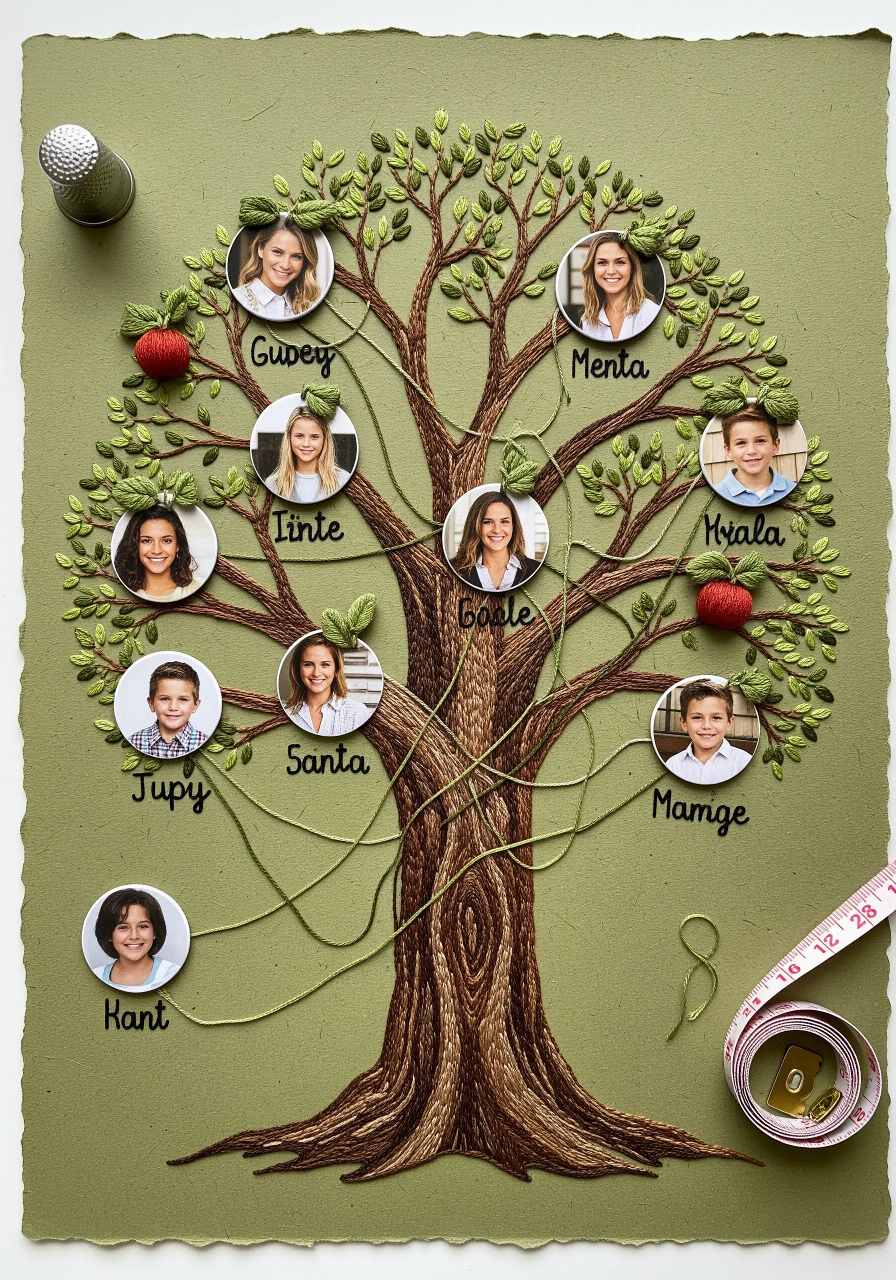 An embroidered family tree with photos of family members and their names stitched alongside.