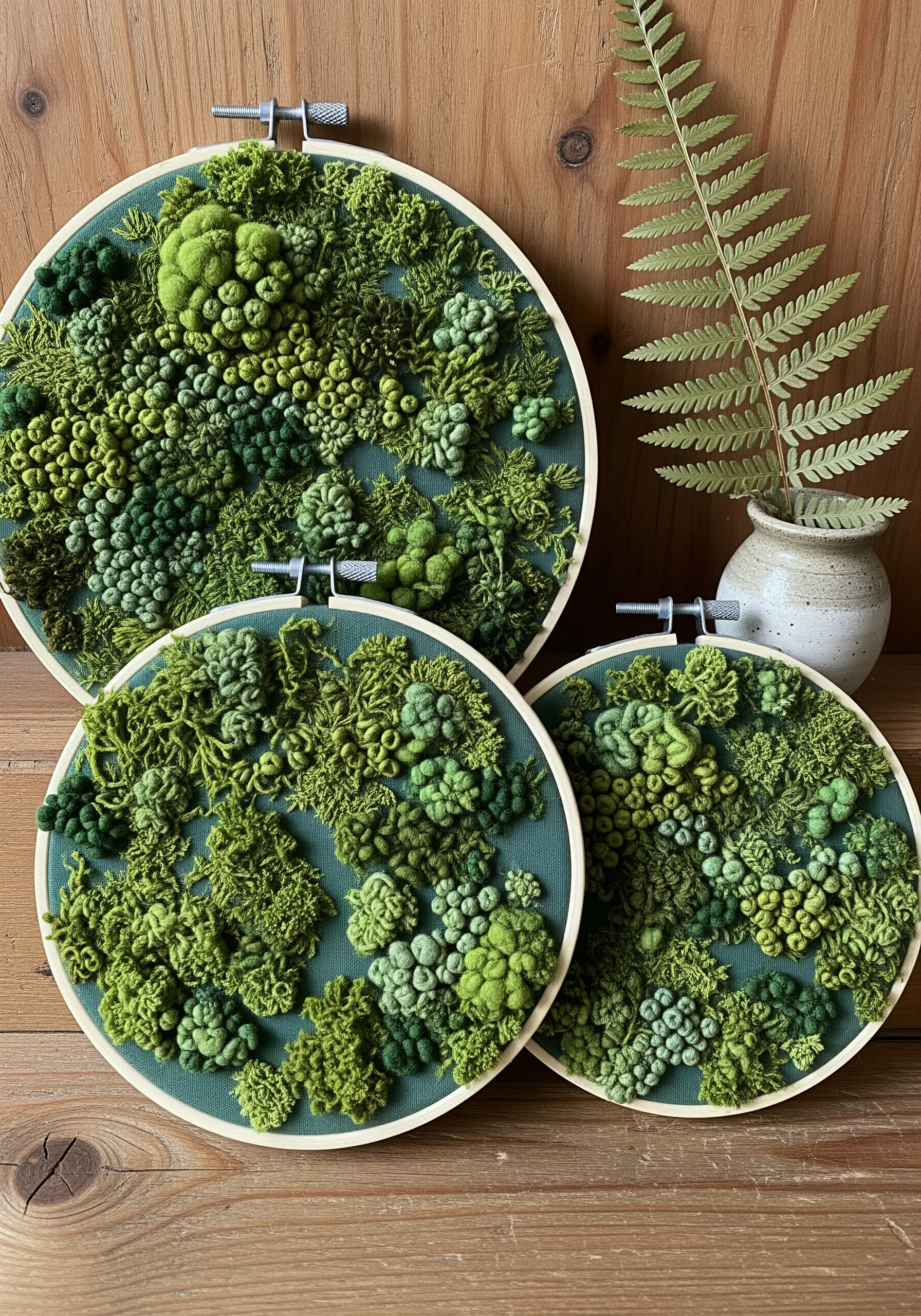 Embroidery hoops filled with dense green French, Colonial, and bullion knots to mimic moss.