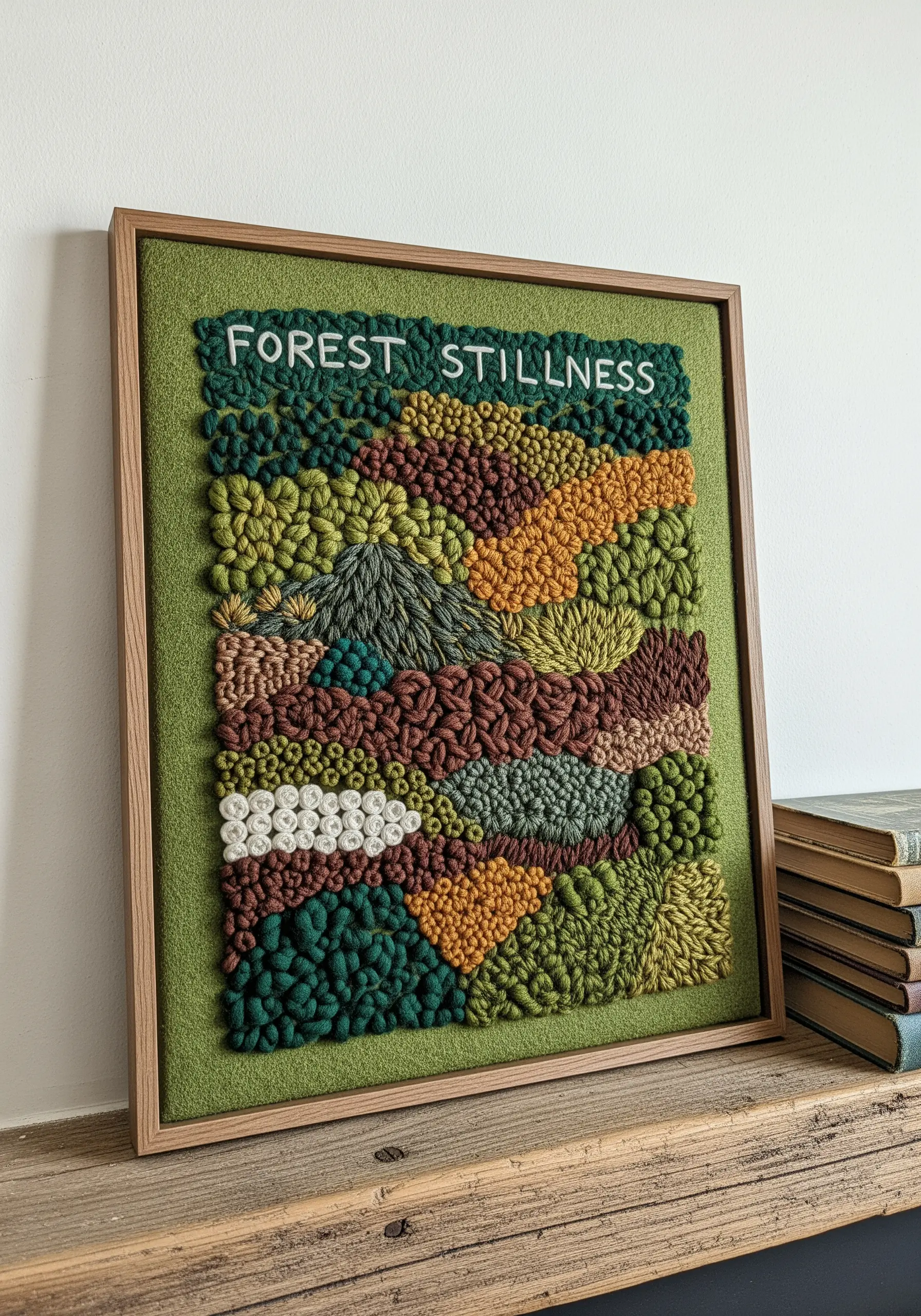 A framed textural embroidery landscape made of dense French knots in earthy green and brown tones.