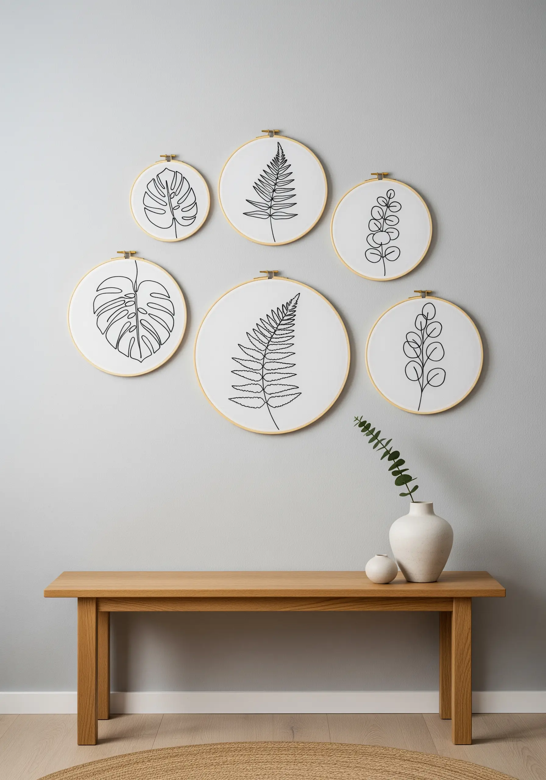 A gallery wall of six embroidery hoops featuring minimalist black-line leaf motifs.