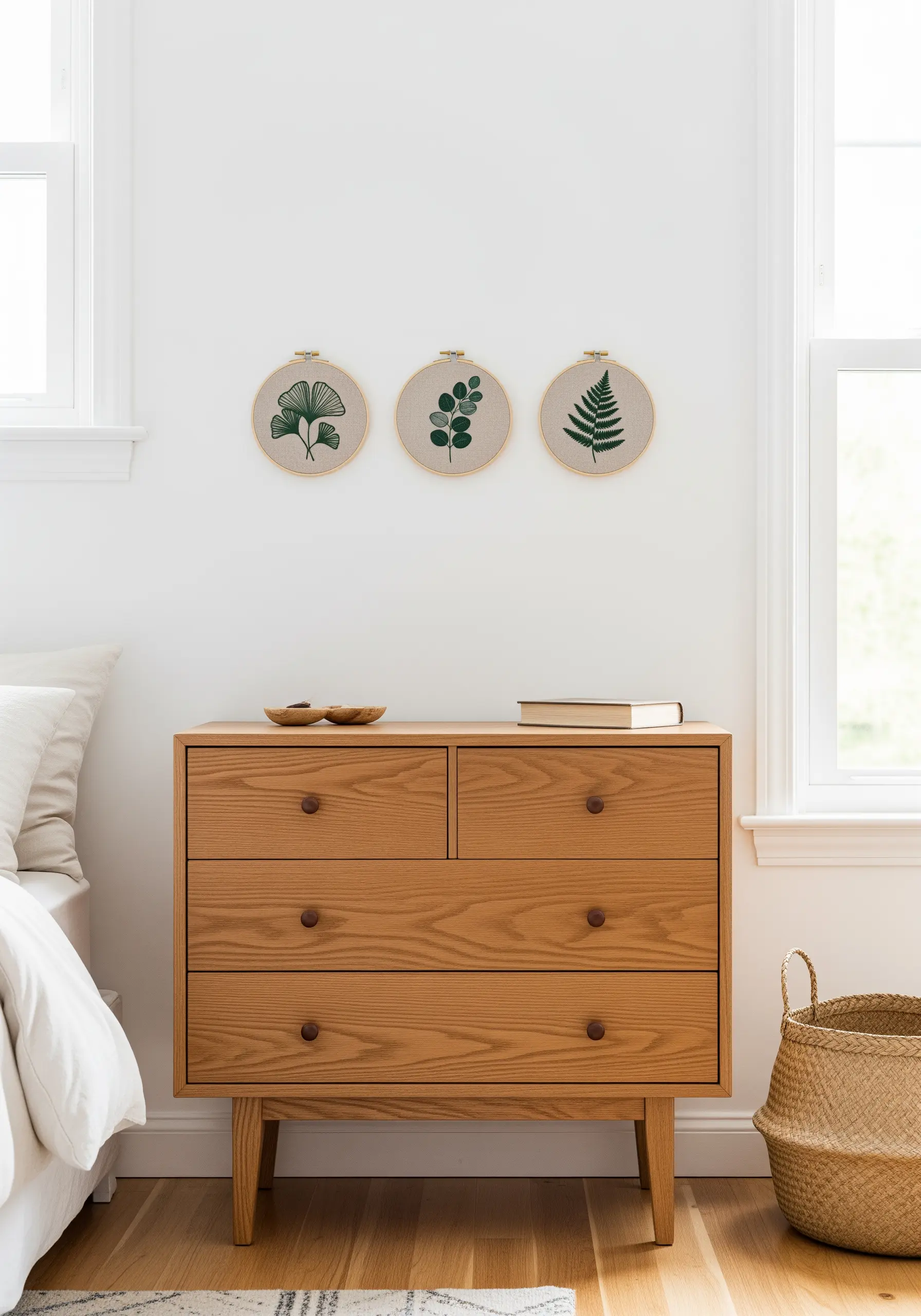 A trio of embroidery hoops with different green leaf designs—ginkgo, eucalyptus, and fern.