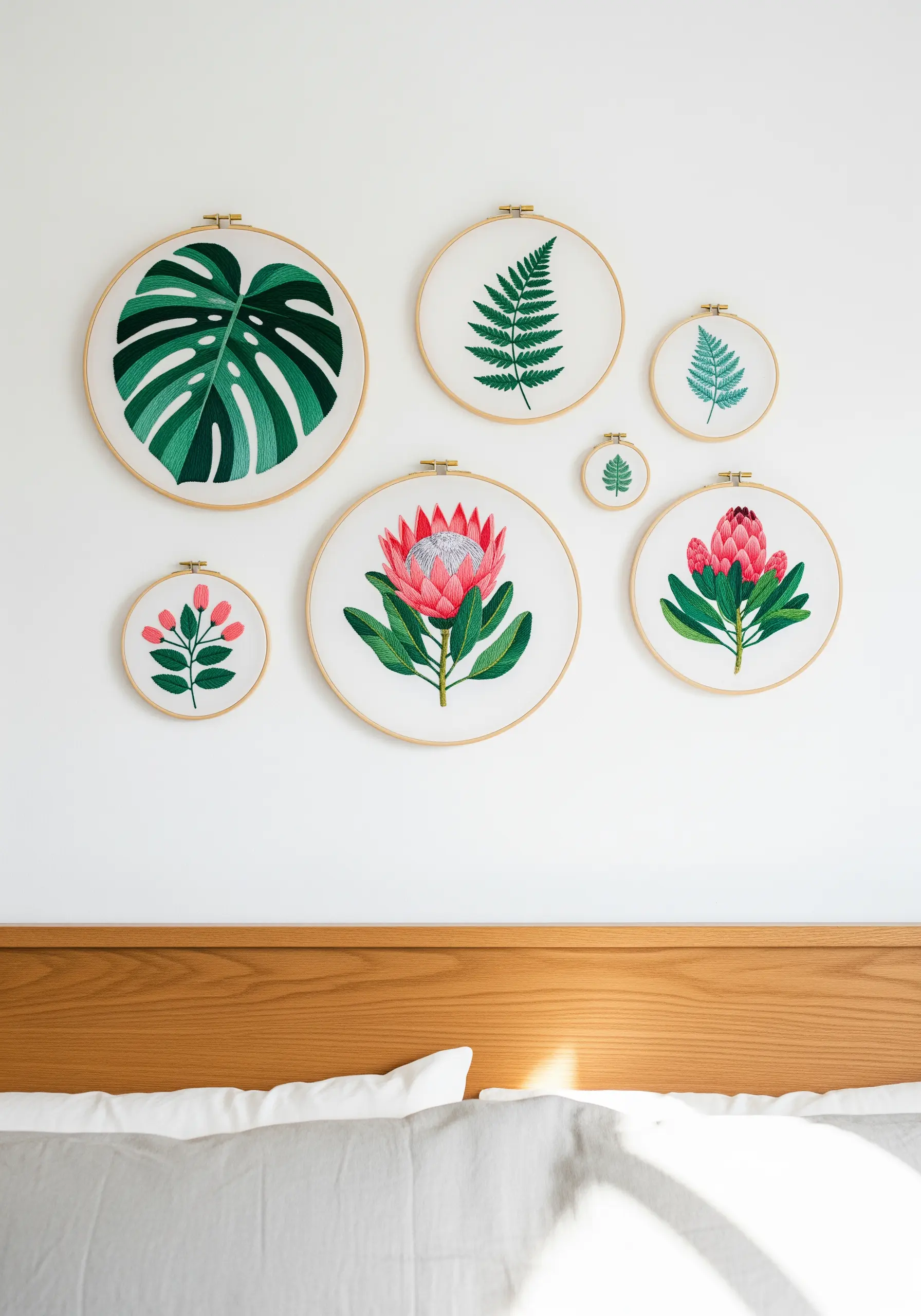 A gallery wall of six embroidery hoops with botanical and floral designs above a headboard.