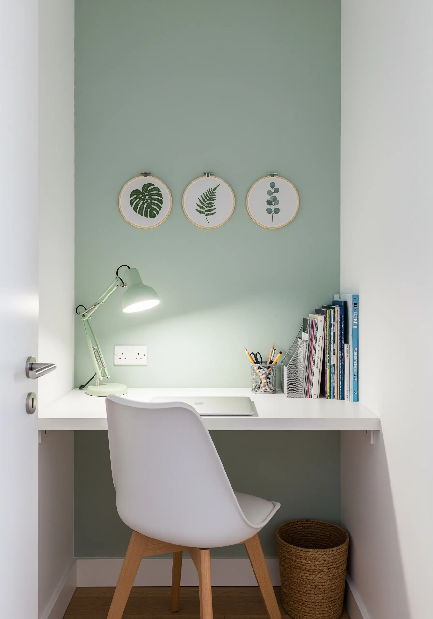 A set of three embroidery hoops with minimalist leaf designs on a mint green wall
