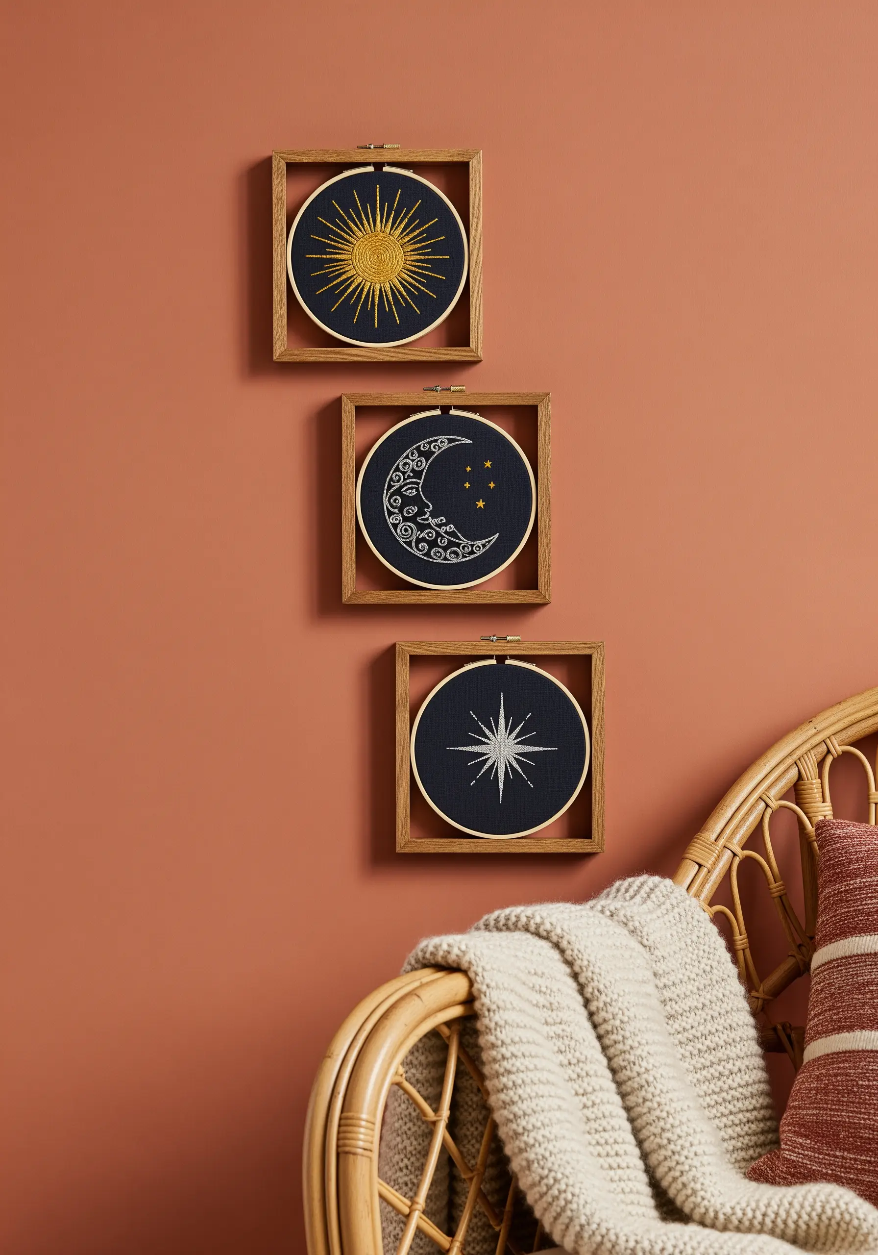 Three celestial embroidery hoops (sun, moon, star) displayed vertically in square frames.