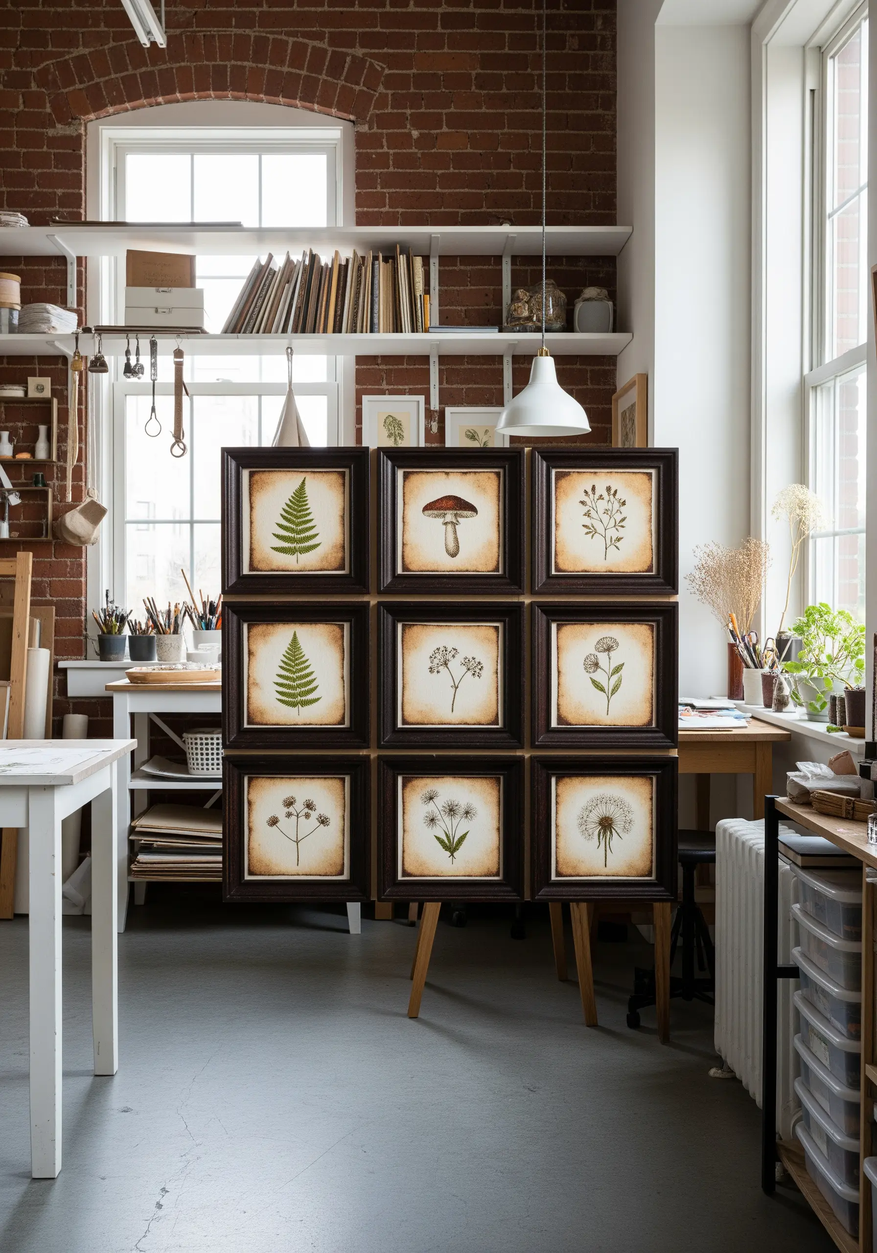 A nine-panel grid of small framed botanical embroideries in a studio setting.