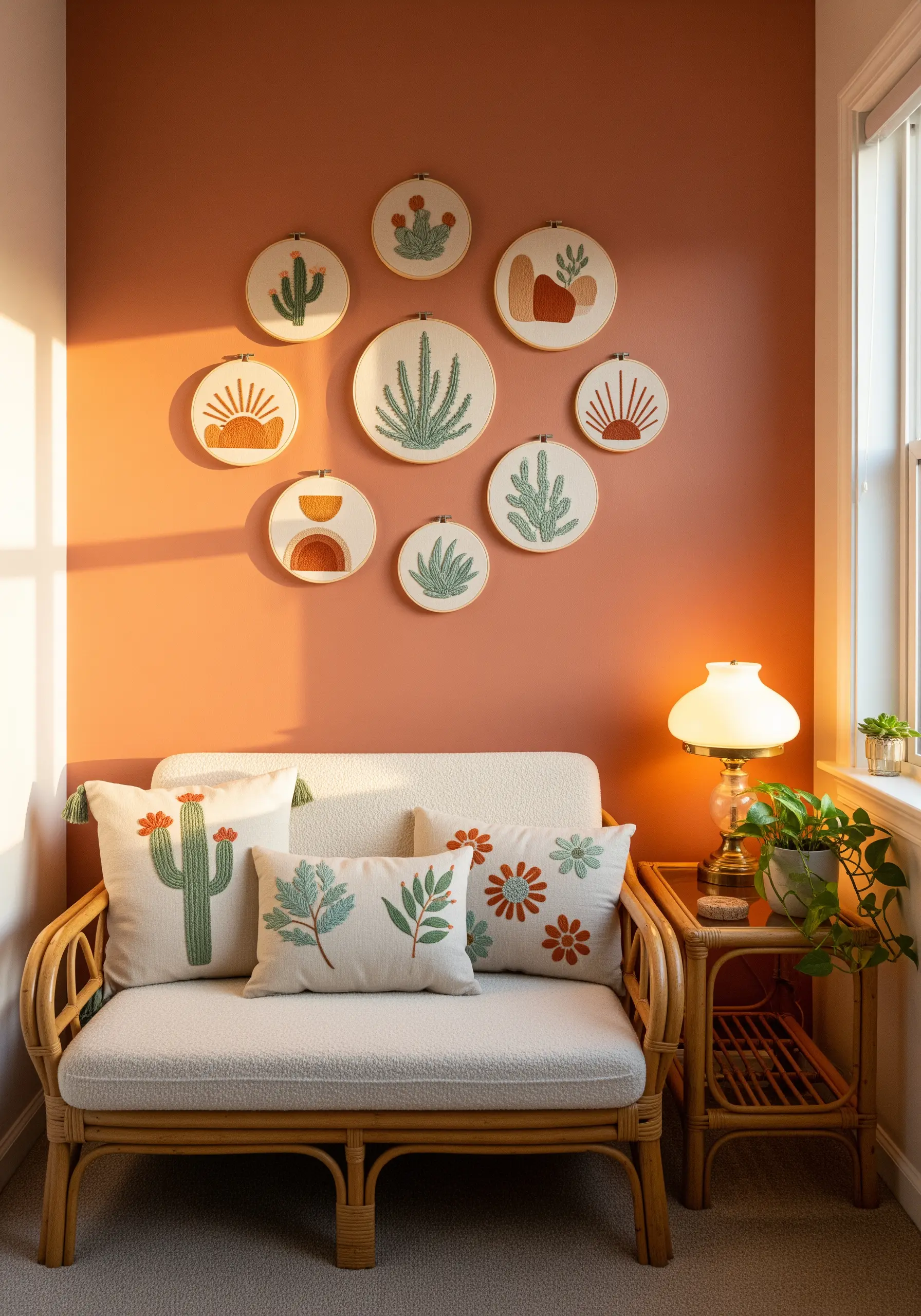 A collection of desert-themed embroidery hoops with cacti and sun motifs on a warm wall.