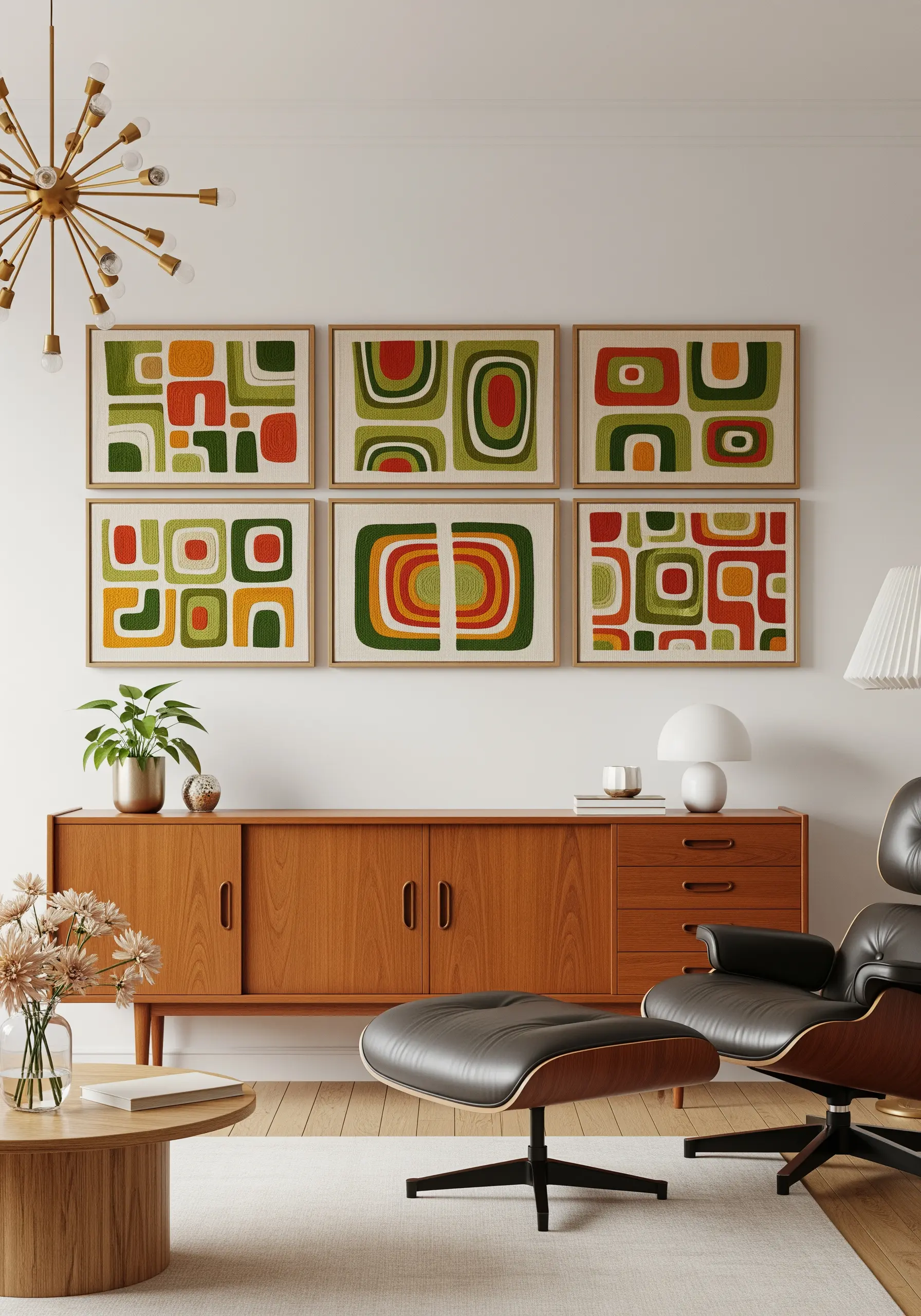 A gallery wall of six framed embroideries with mid-century modern abstract designs.