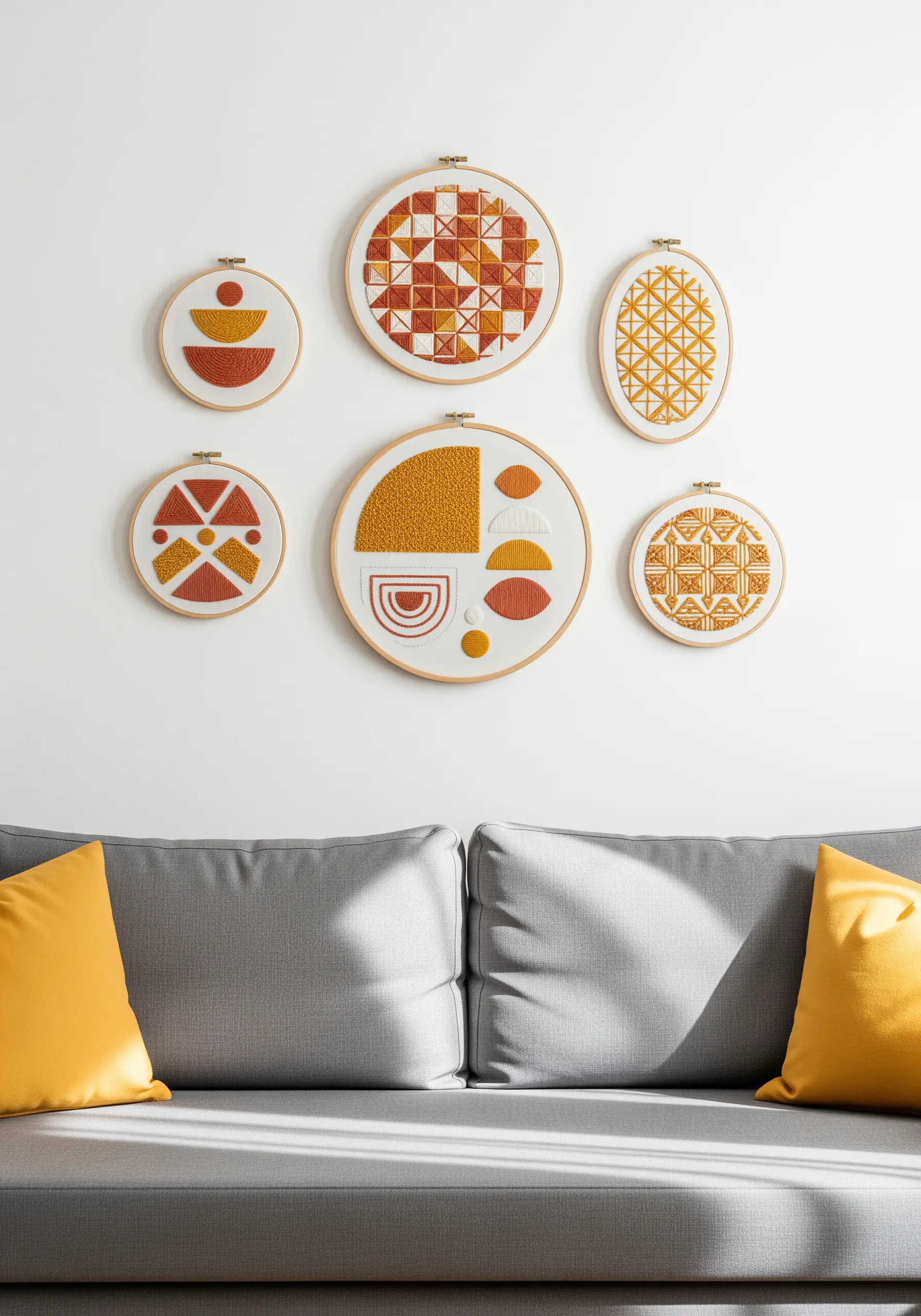 A gallery wall of six embroidery hoops with geometric patterns in orange, yellow, and red.