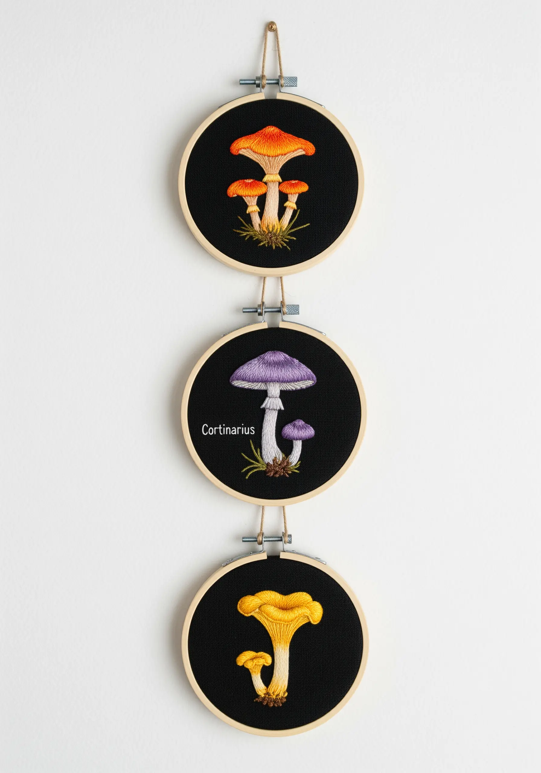 A vertical display of three embroidery hoops, each featuring a different mushroom species.