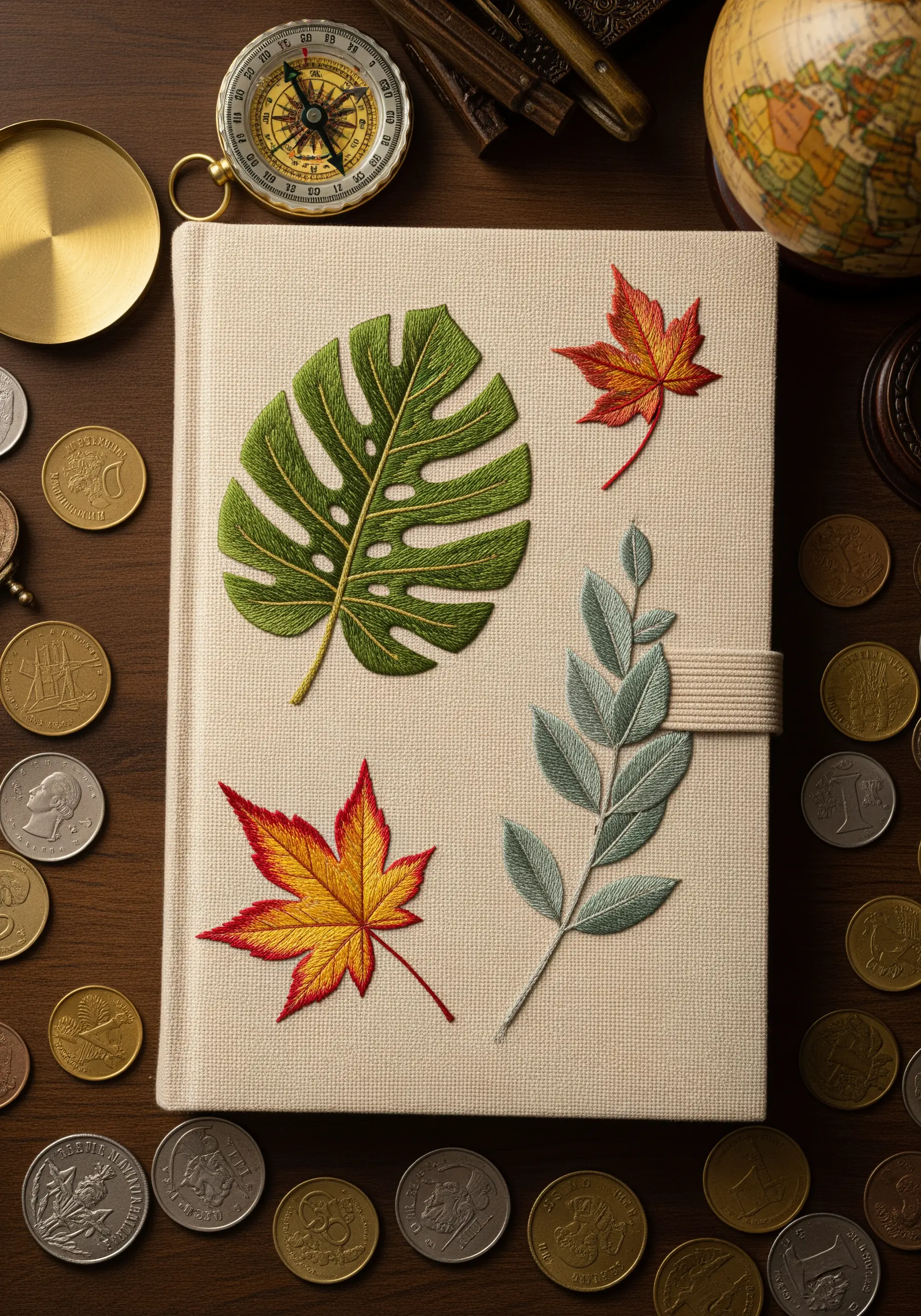 A curated collection of four different embroidered leaves on a cream journal.