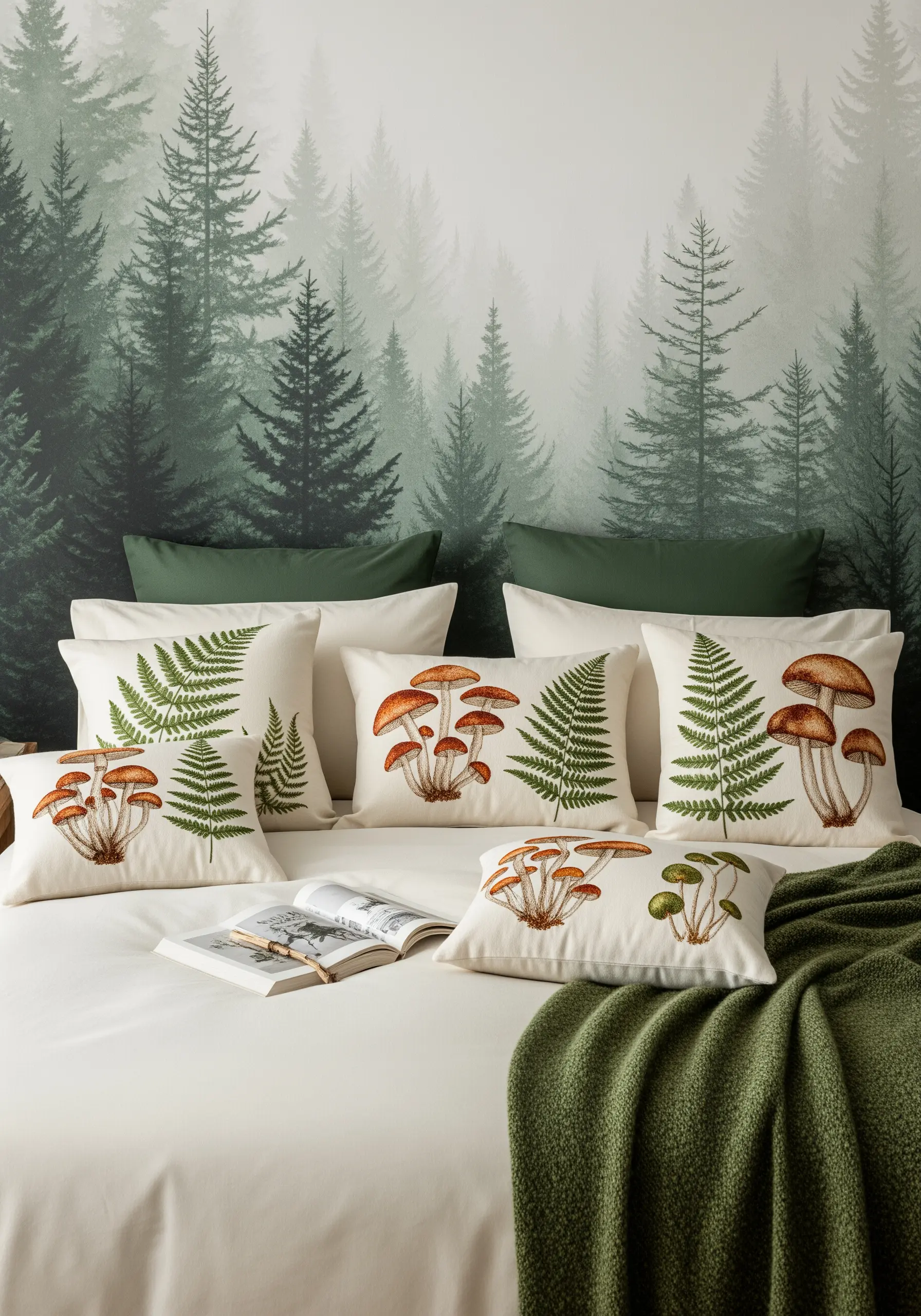 A collection of pillows embroidered with detailed mushrooms and fern leaves.