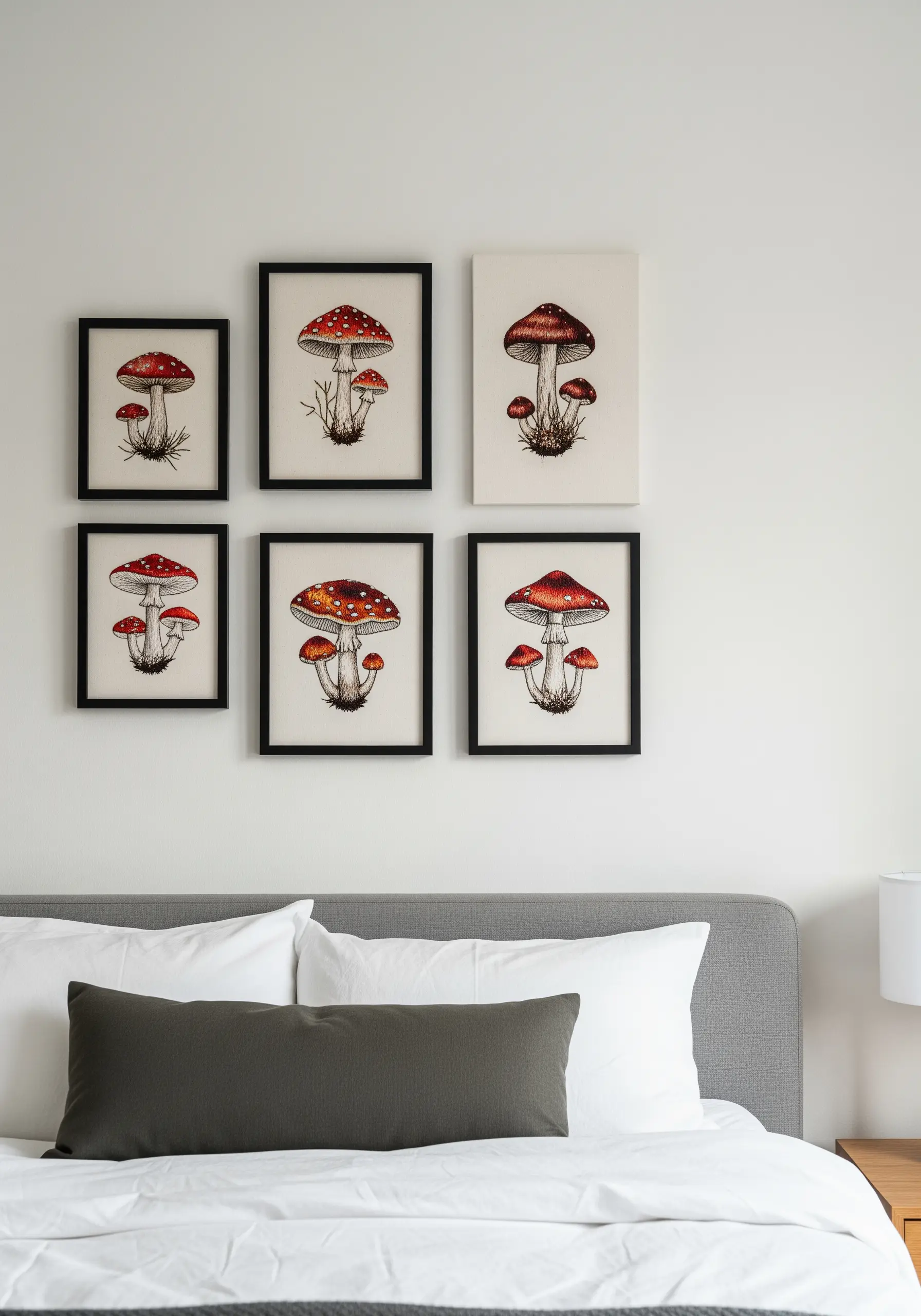 A gallery wall of six framed embroideries, each featuring a different red-capped mushroom.