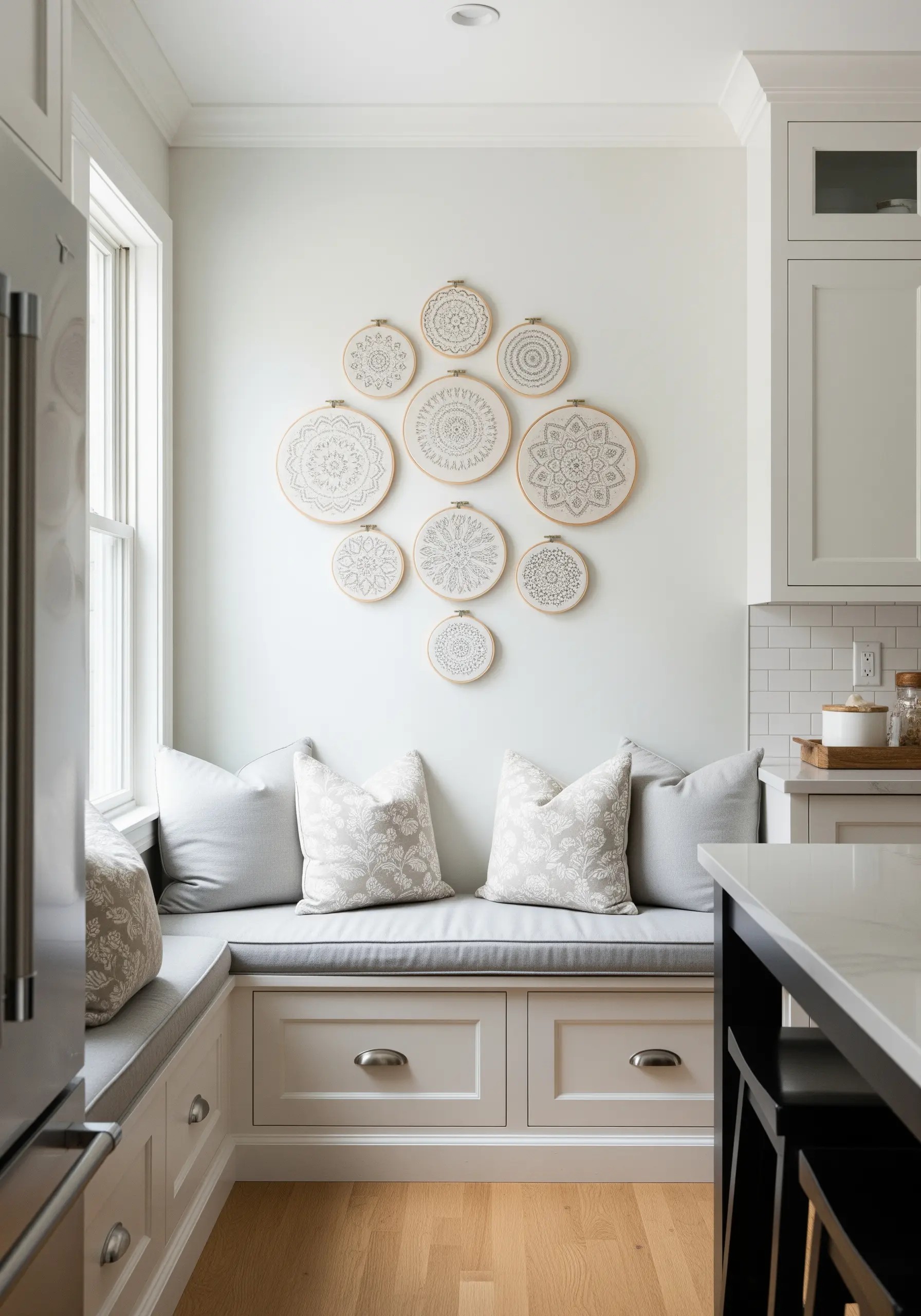 A gallery wall of nine embroidery hoops of various sizes, each with a neutral mandala design.