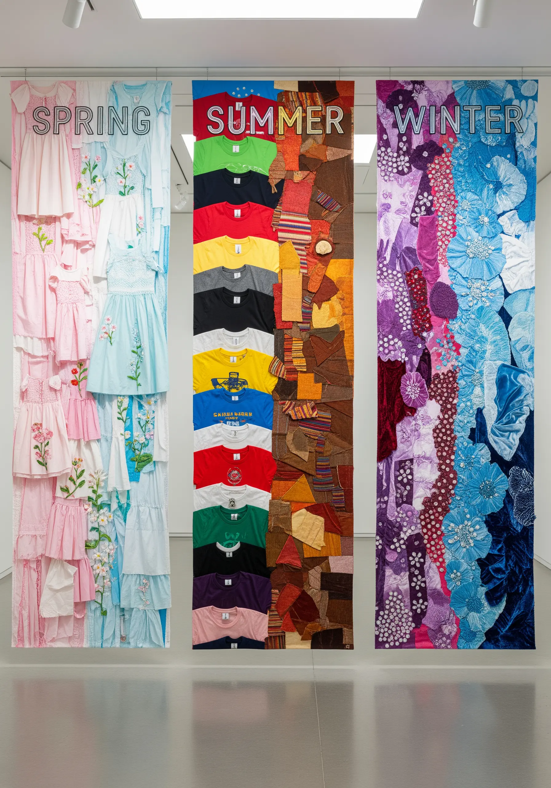 Three large banners titled Spring, Summer, Winter, made from collaged seasonal clothing.
