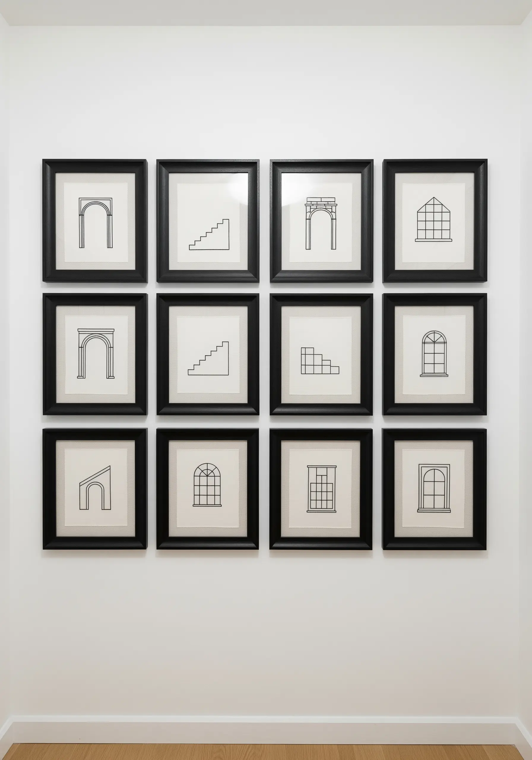 A grid of twelve framed embroideries, each showing a minimalist architectural line drawing