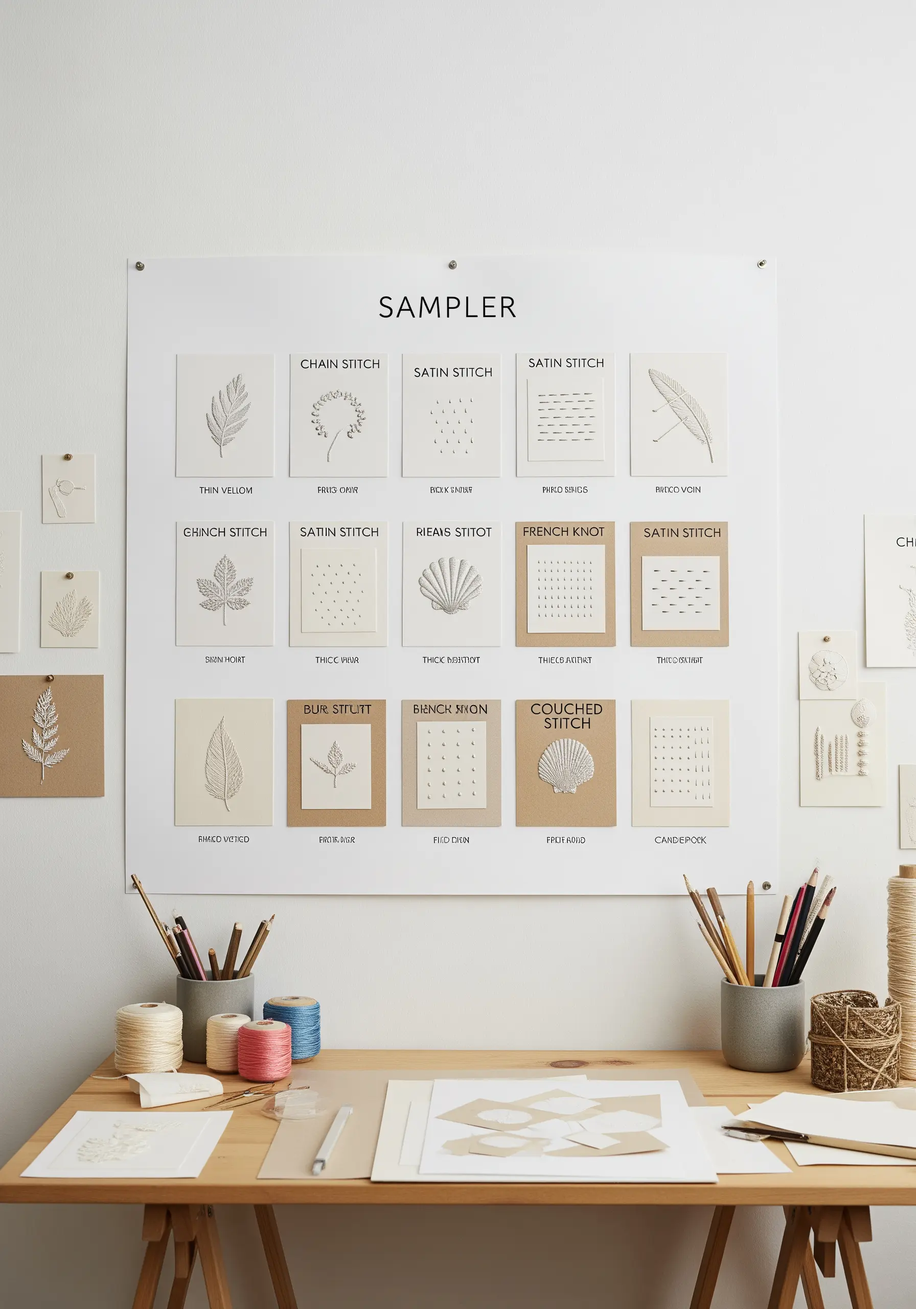 A large board displaying various embroidery stitch samples on small cards, labeled and arranged neatly.