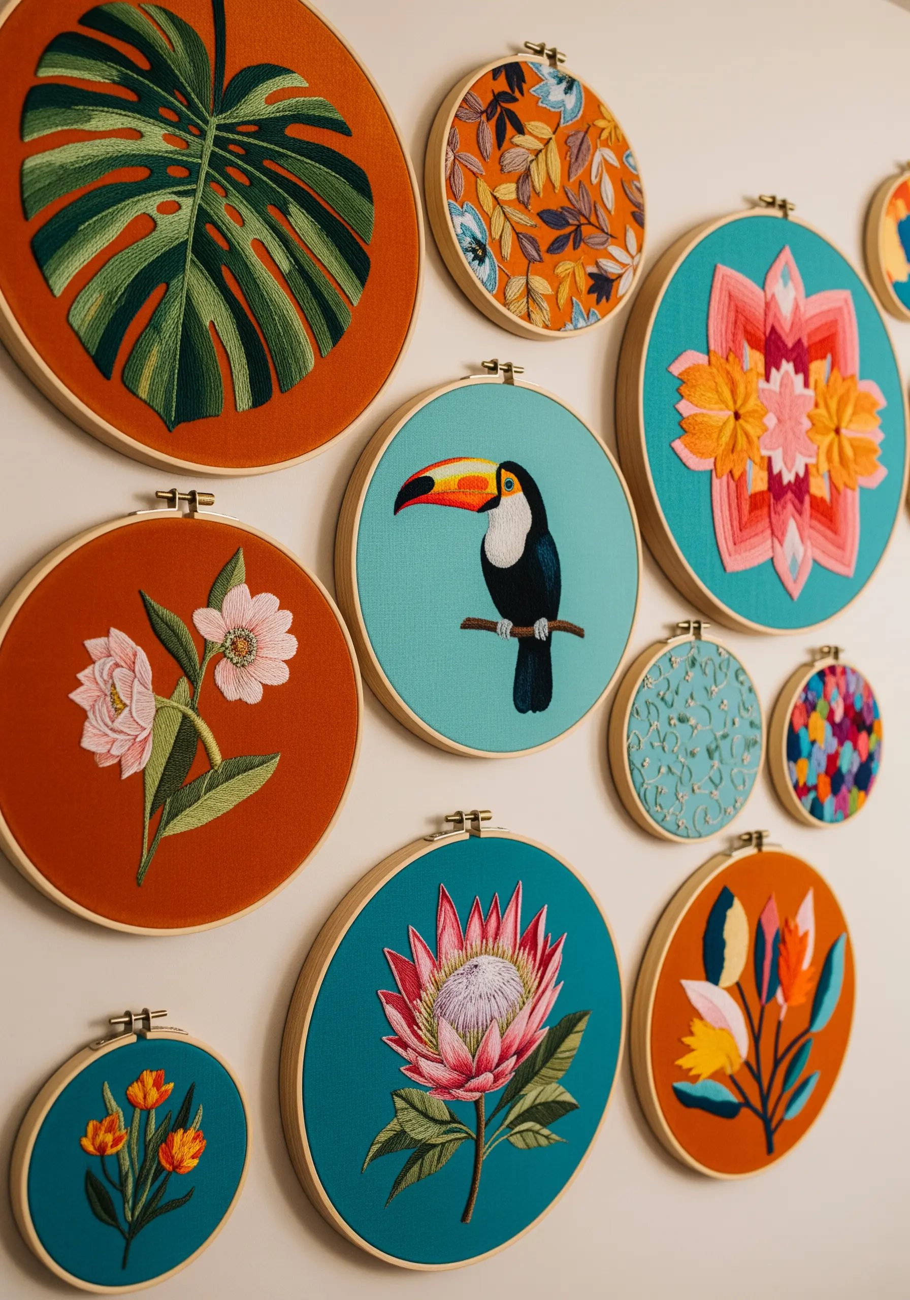 A gallery wall of embroidery hoops with a cohesive tropical theme and color palette.