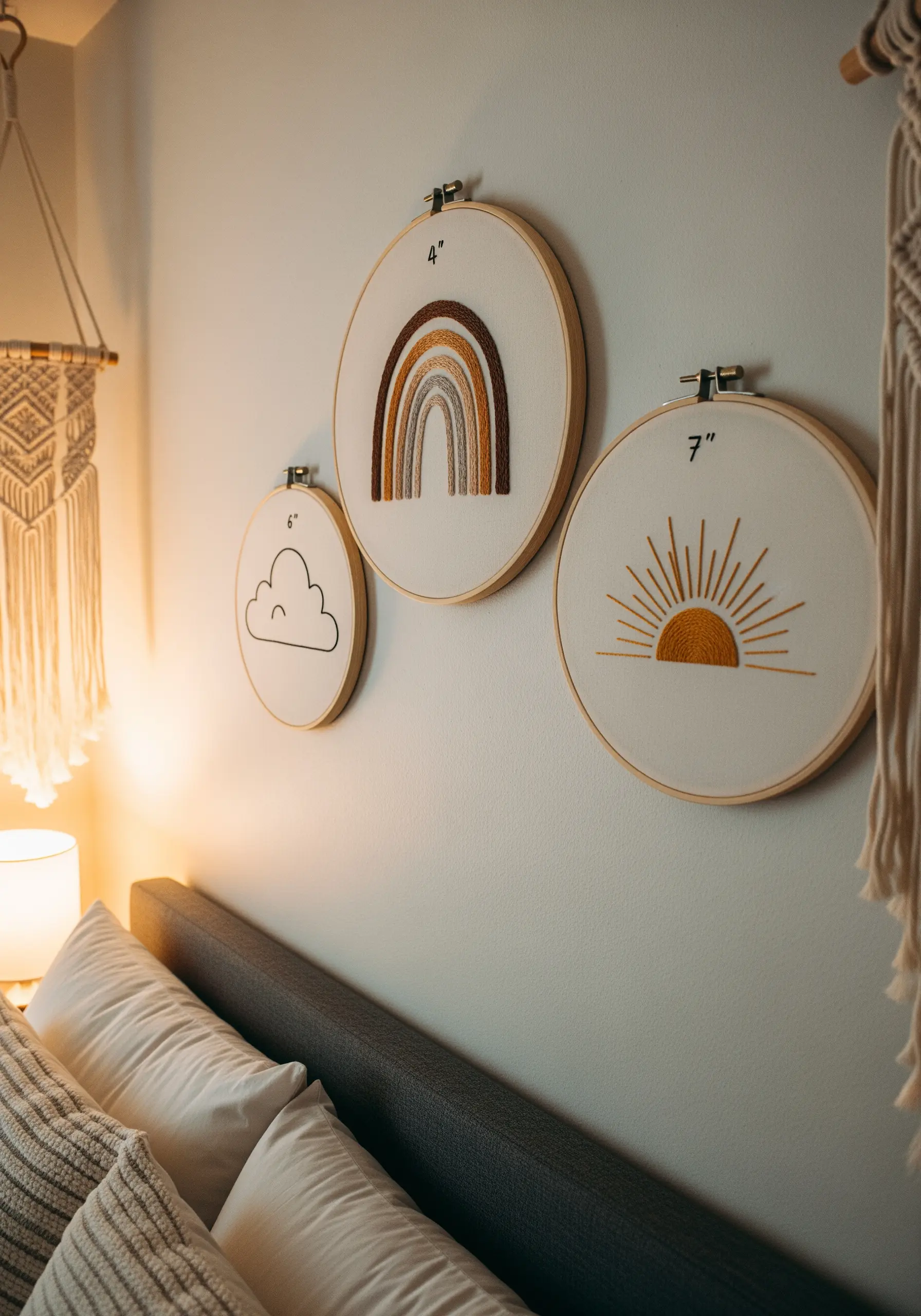 Wall display of three embroidery hoops with a rainbow, cloud, and sun in earthy tones.