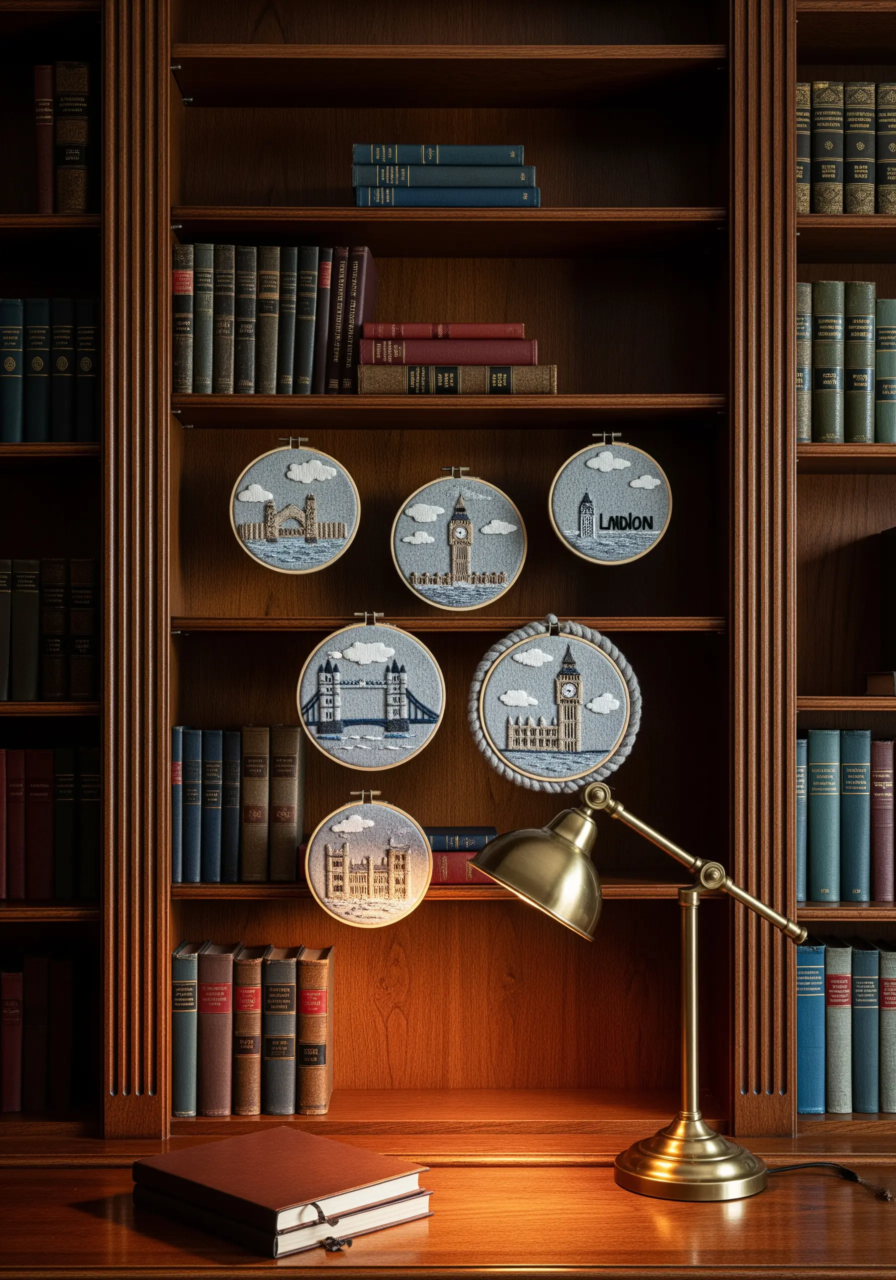 A collection of small embroidery hoops depicting London landmarks displayed on a bookshelf.
