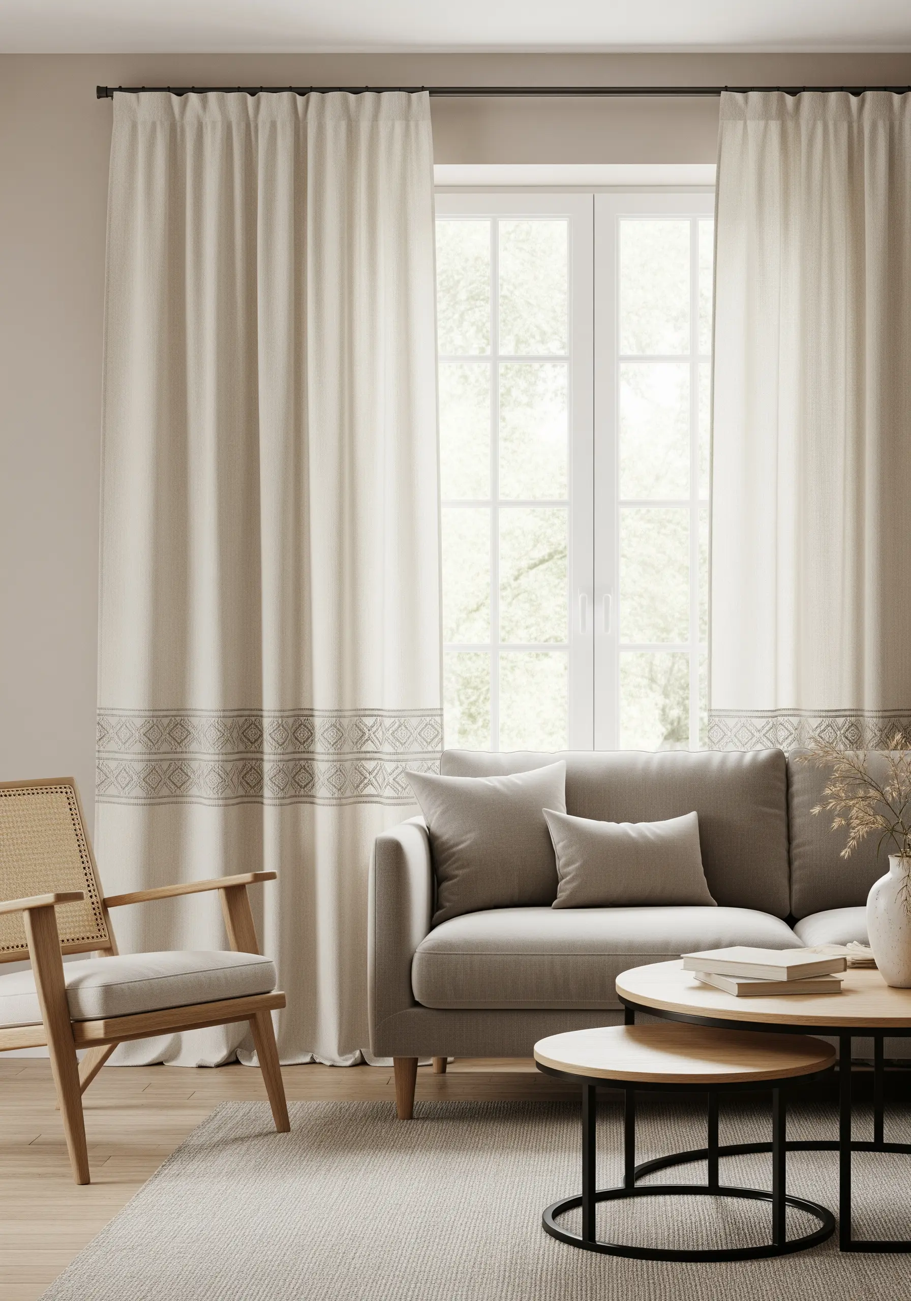Ivory linen curtains with a subtle greige geometric border embroidered near the bottom.