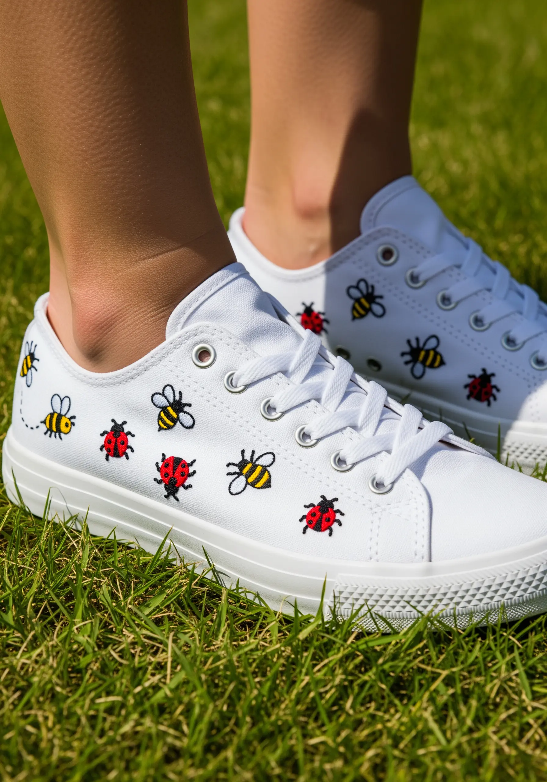 White canvas sneakers decorated with small, scattered embroidered bees and ladybugs.