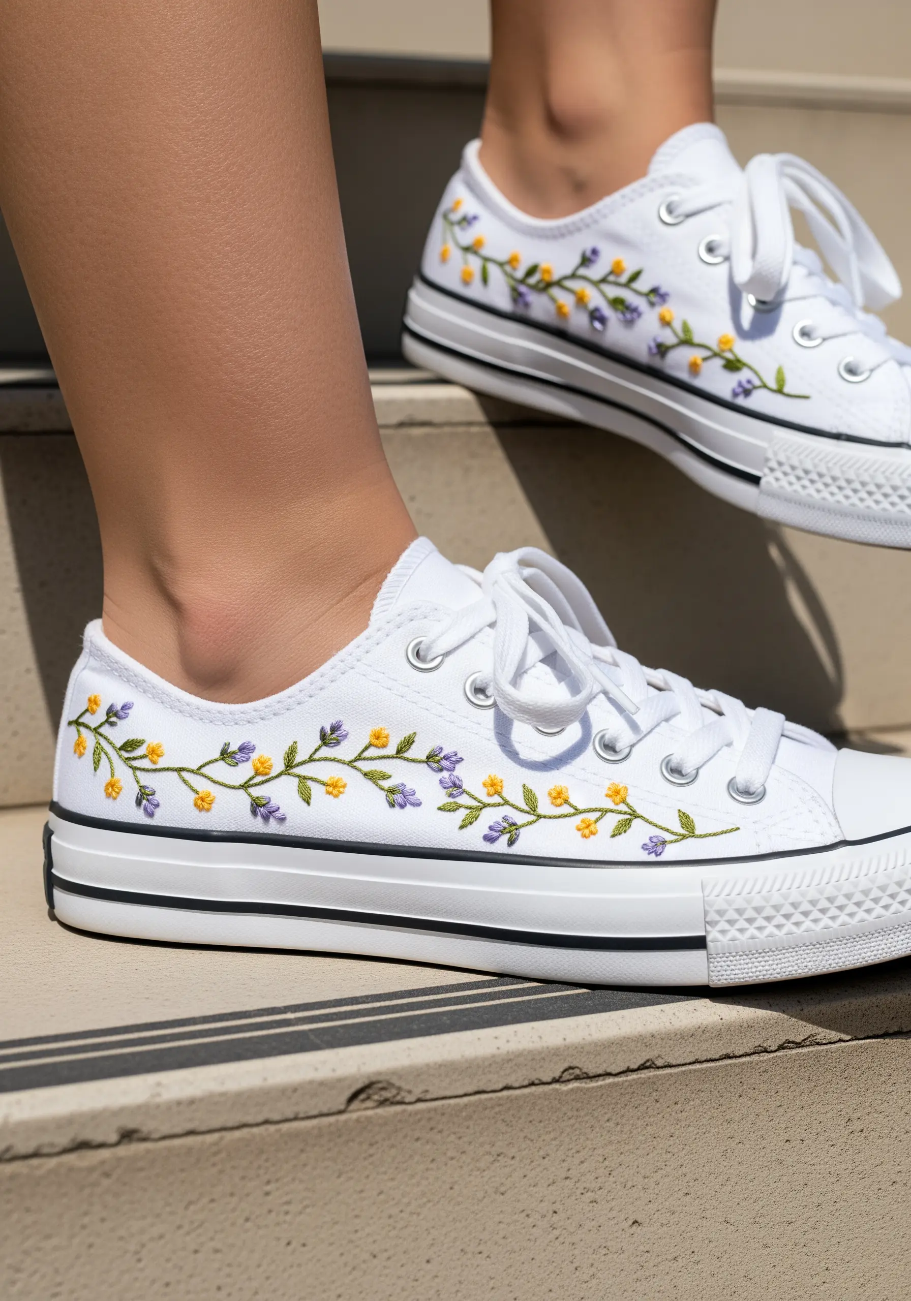 Delicate floral vines with yellow and purple flowers embroidered on white canvas sneakers.