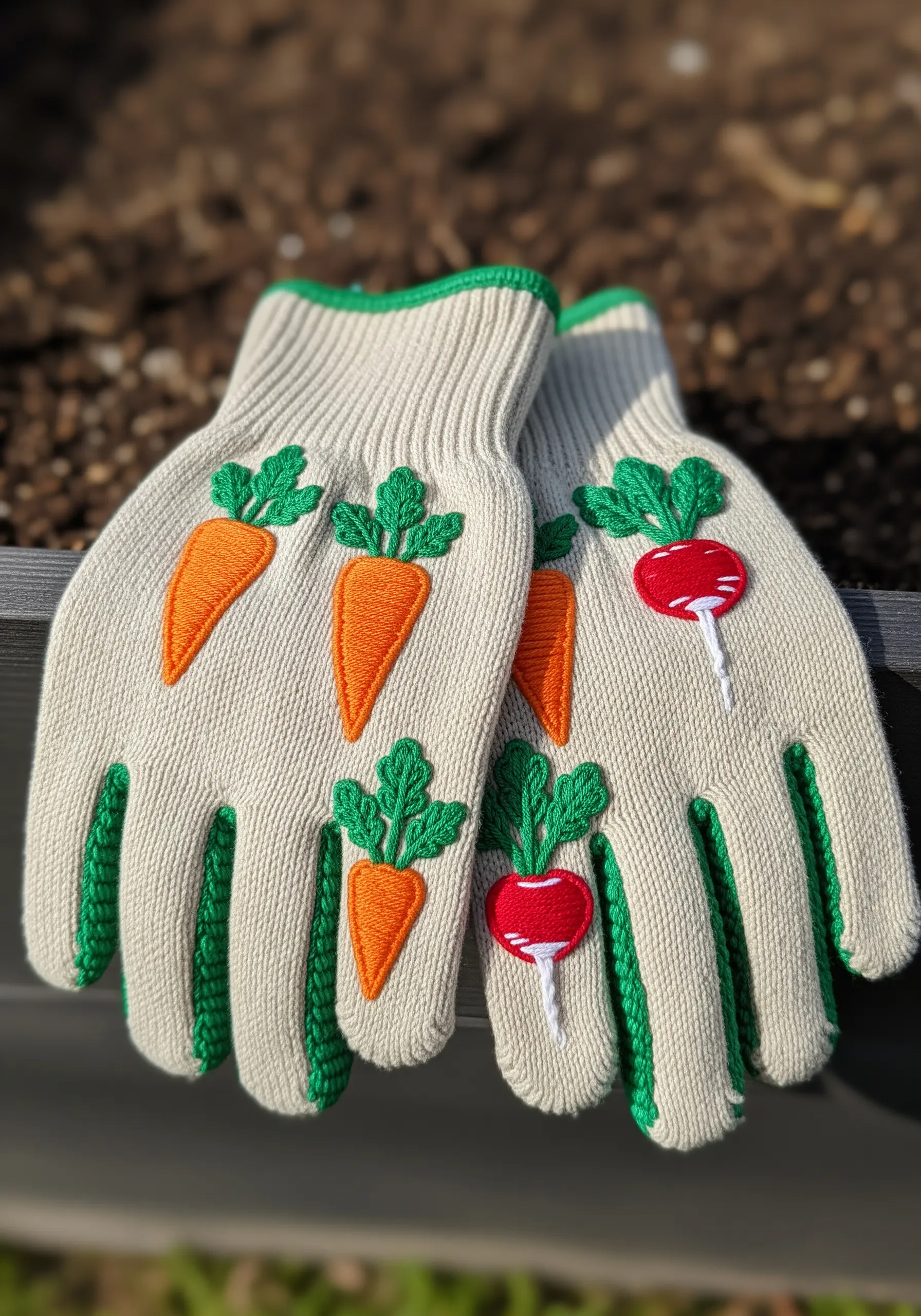 Knit gardening gloves embellished with simple embroidered carrots and radishes.