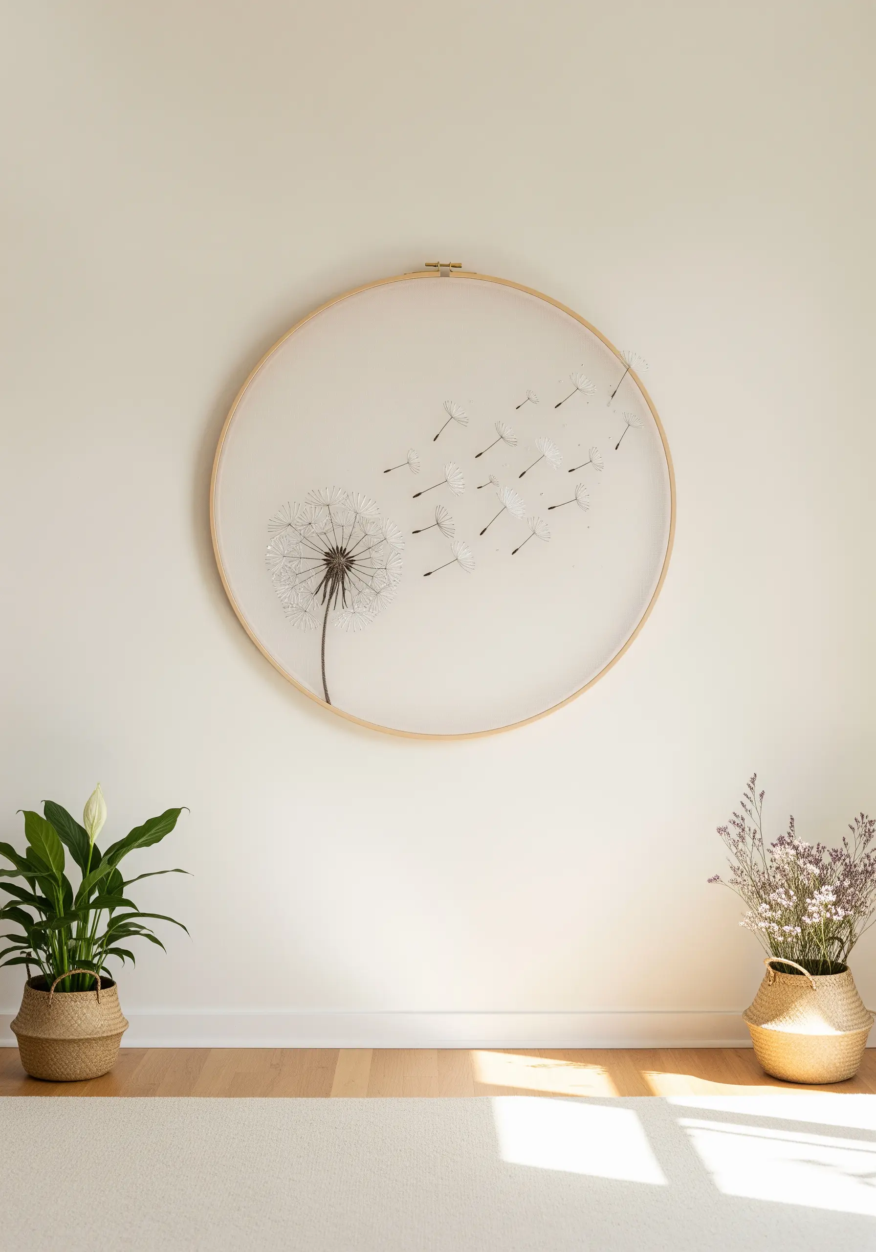 Minimalist embroidery of a dandelion with seeds blowing in the wind on sheer fabric.