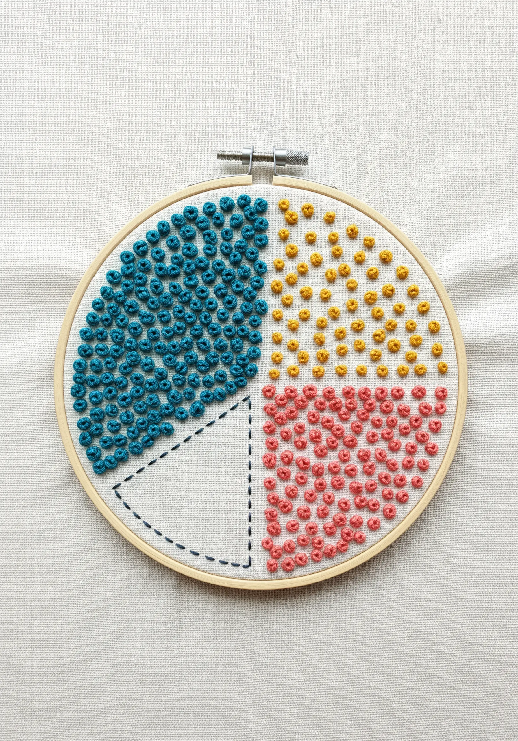 A pie chart filled with dense clusters of blue, yellow, and pink French knots.