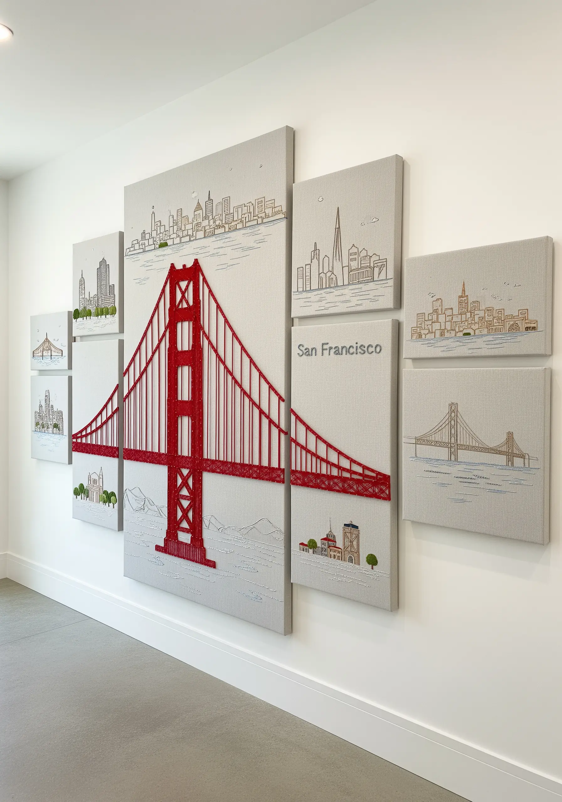 A multi-panel wall installation of San Francisco, with a large central canvas of the Golden Gate Bridge.